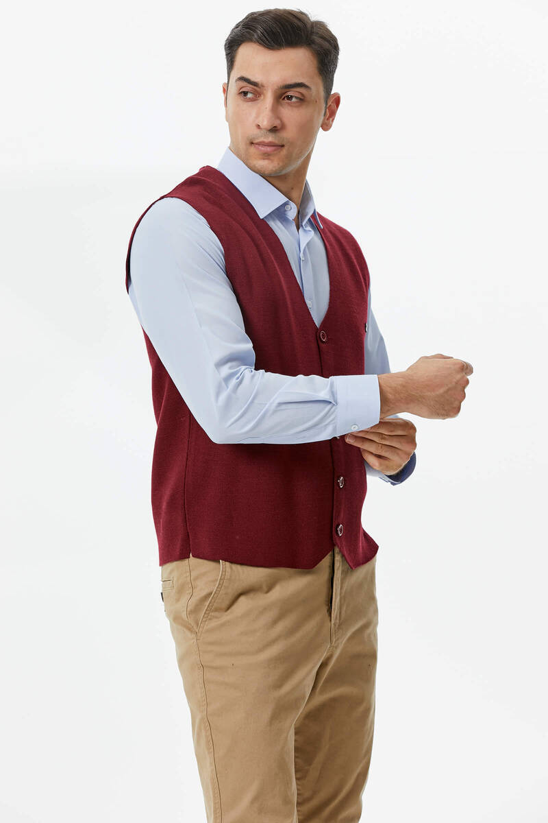 Klasik Triko Düğmeli Triko Yelek - Bordo (4) Sementa