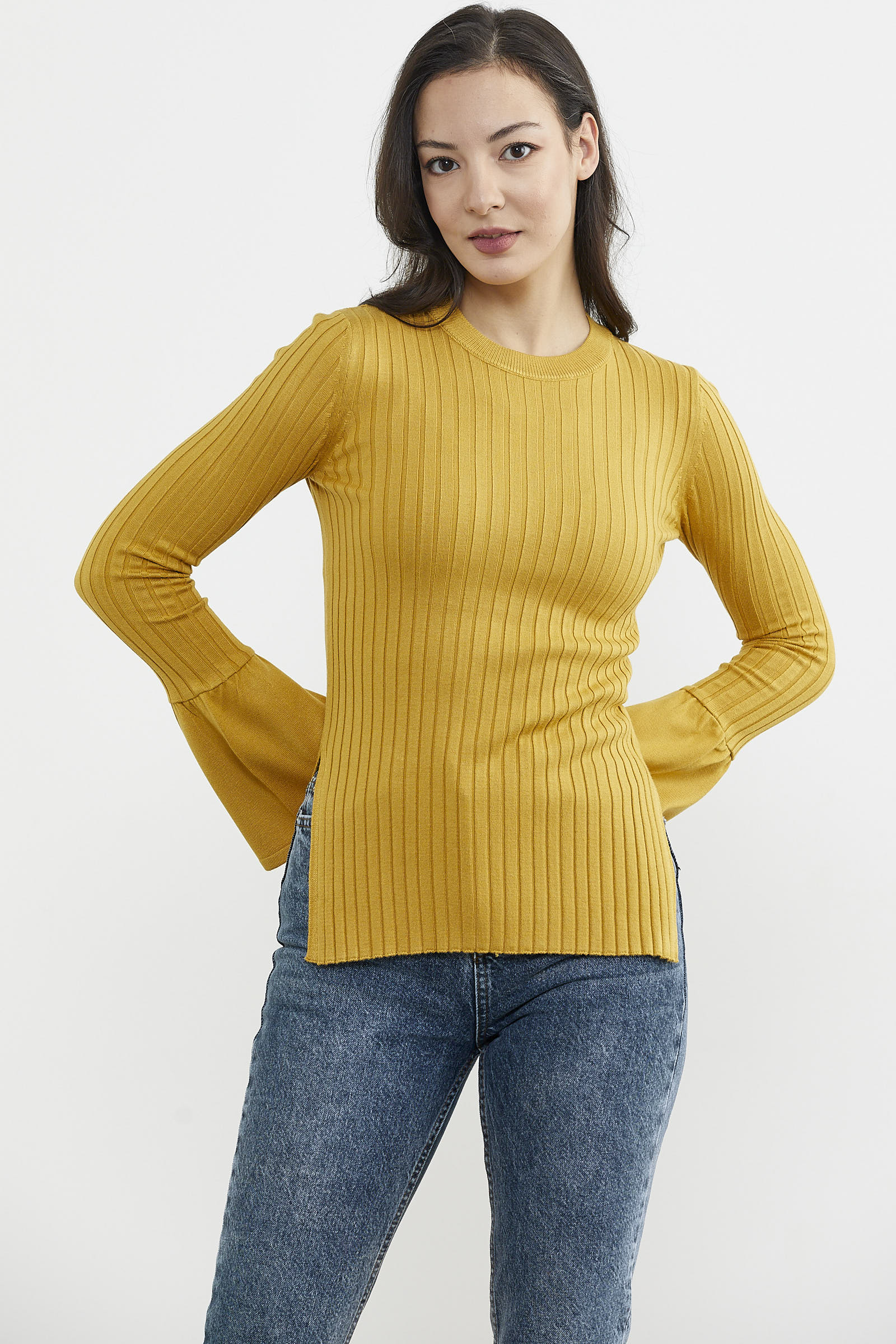 Kol Detaylı Derbili Triko Kazak - Hardal (5) Sementa