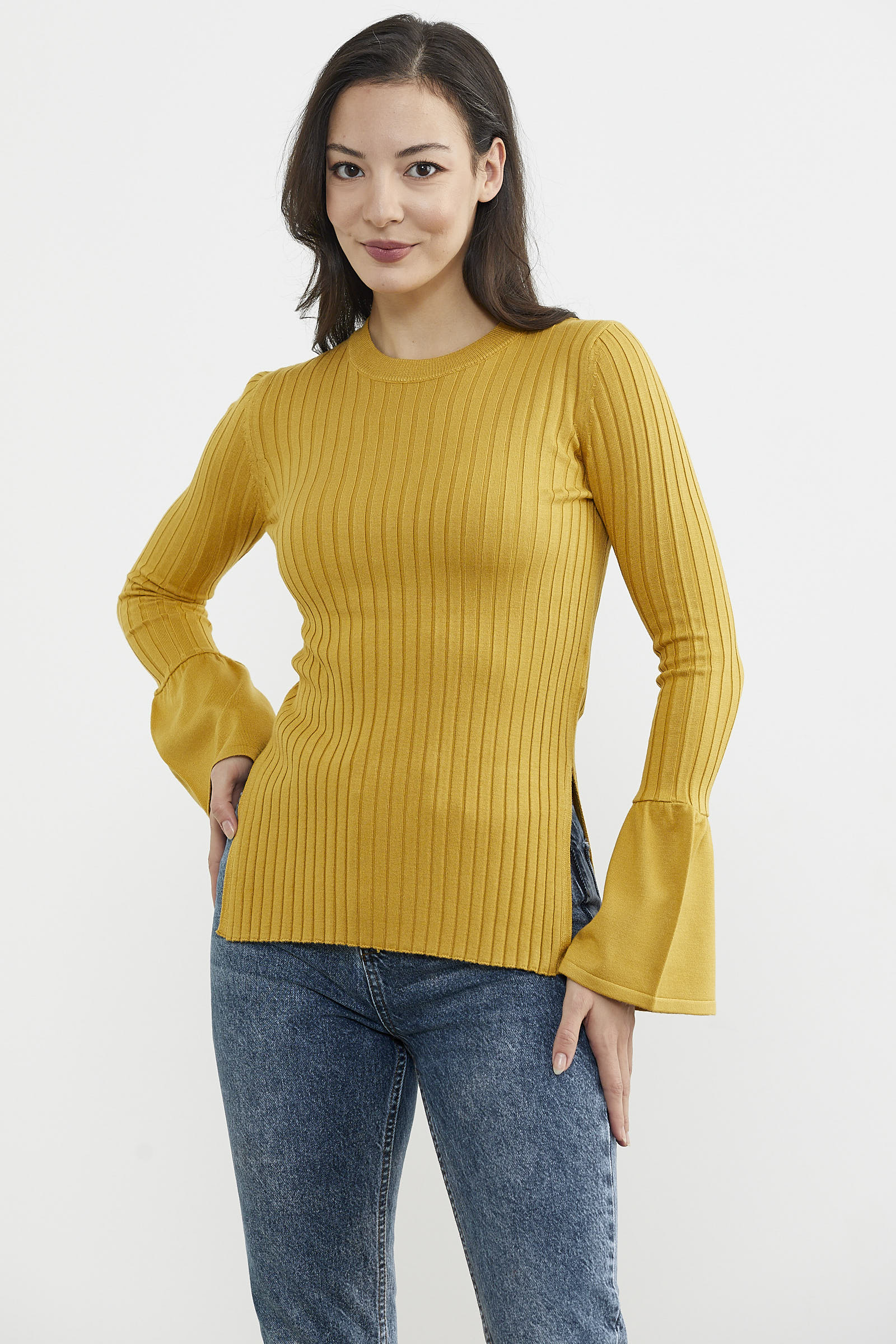 Kol Detaylı Derbili Triko Kazak - Hardal (6) Sementa