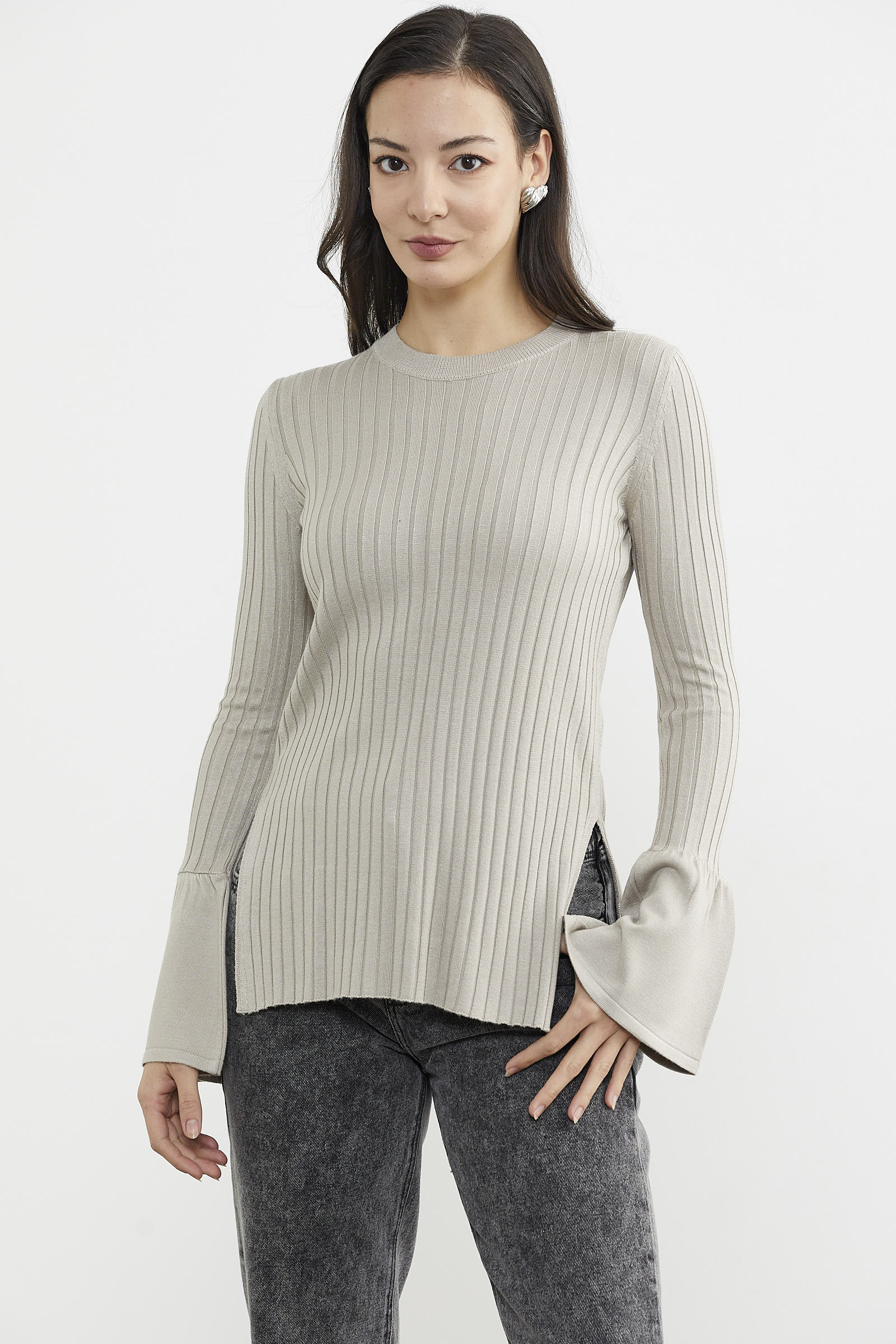 Kol Detaylı Derbili Triko Kazak - Vizon (1) Sementa