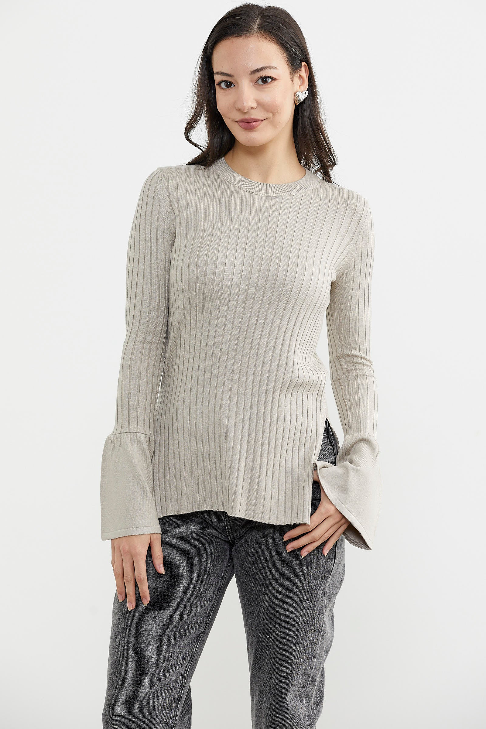 Kol Detaylı Derbili Triko Kazak - Vizon (2) Sementa