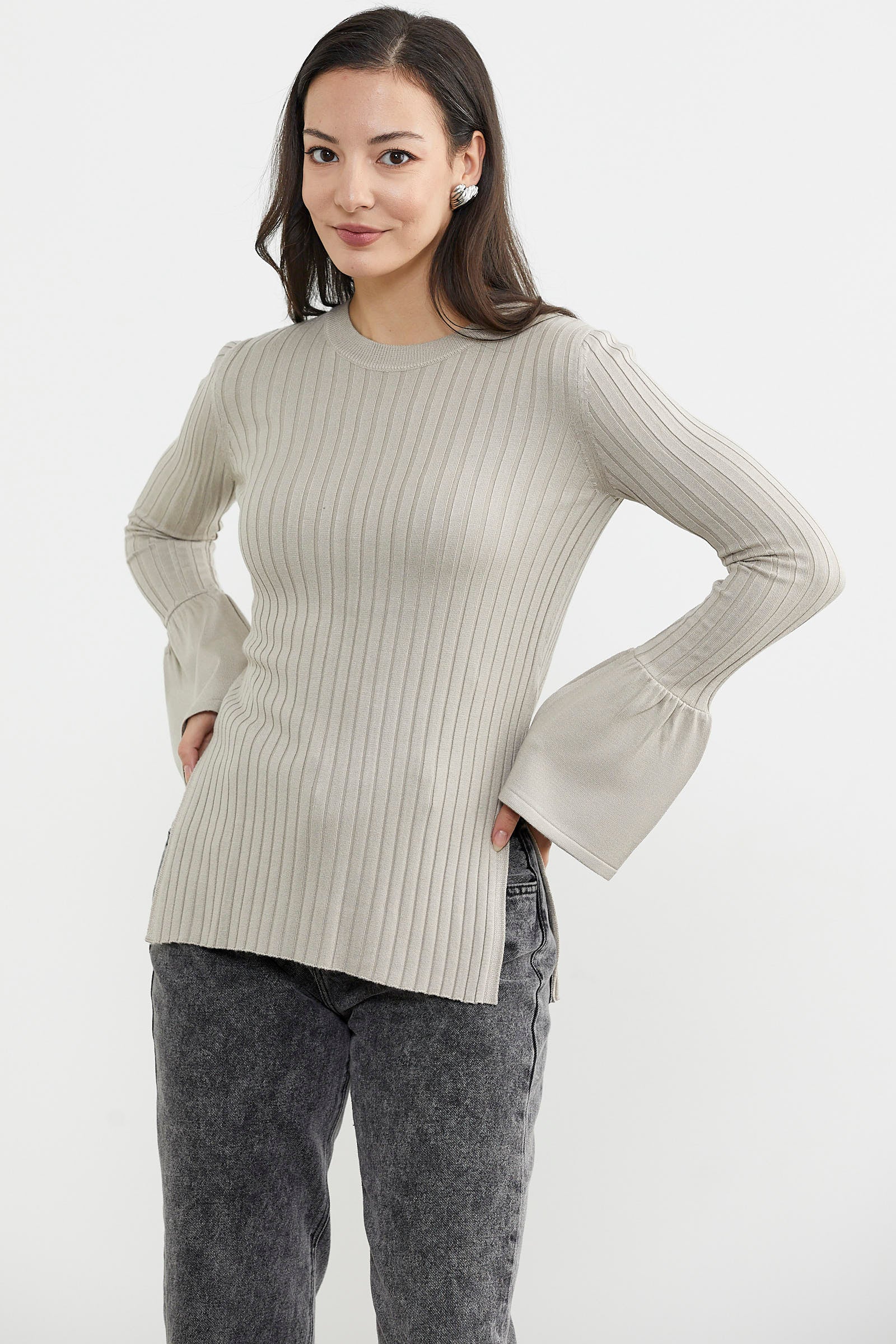 Kol Detaylı Derbili Triko Kazak - Vizon (4) Sementa