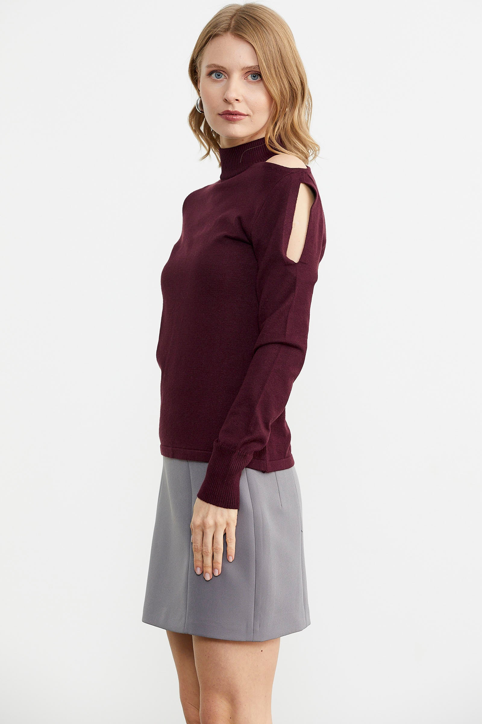 Kol Detaylı Triko Kazak - Bordo (3) Sementa