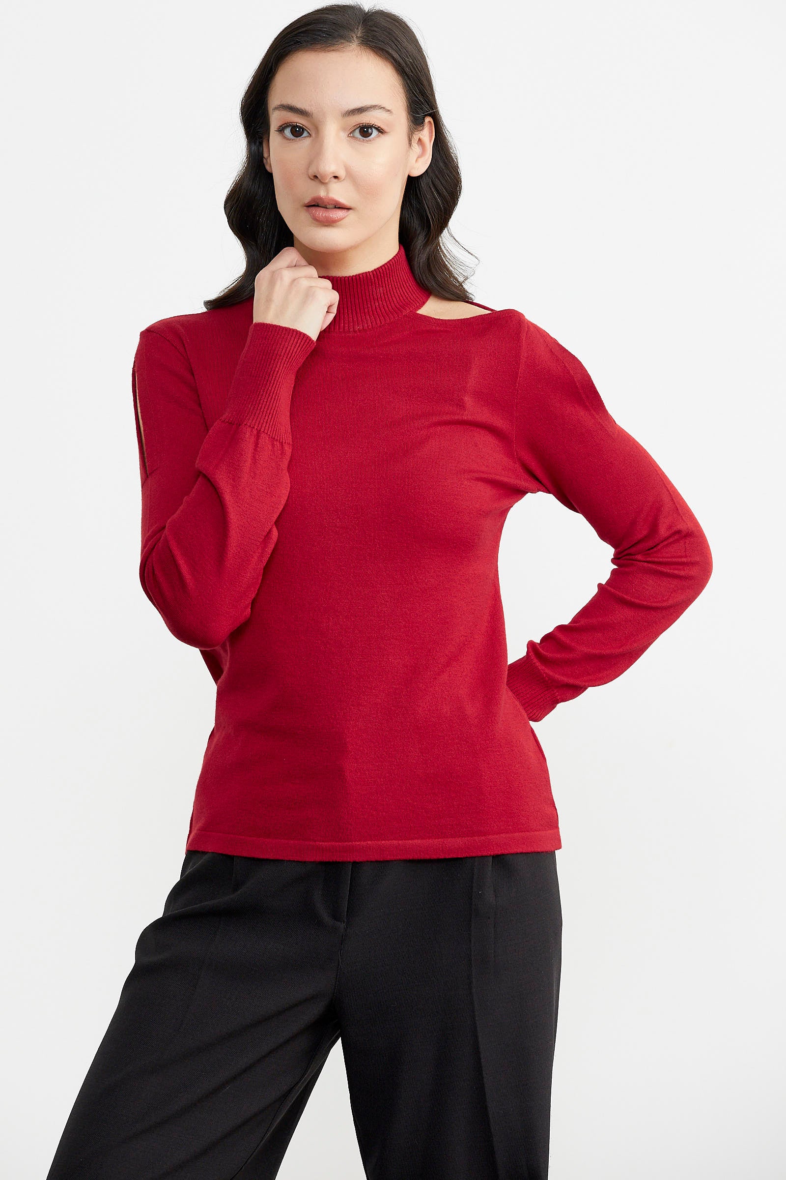 Kol Detaylı Triko Kazak - Kırmızı (3) Sementa