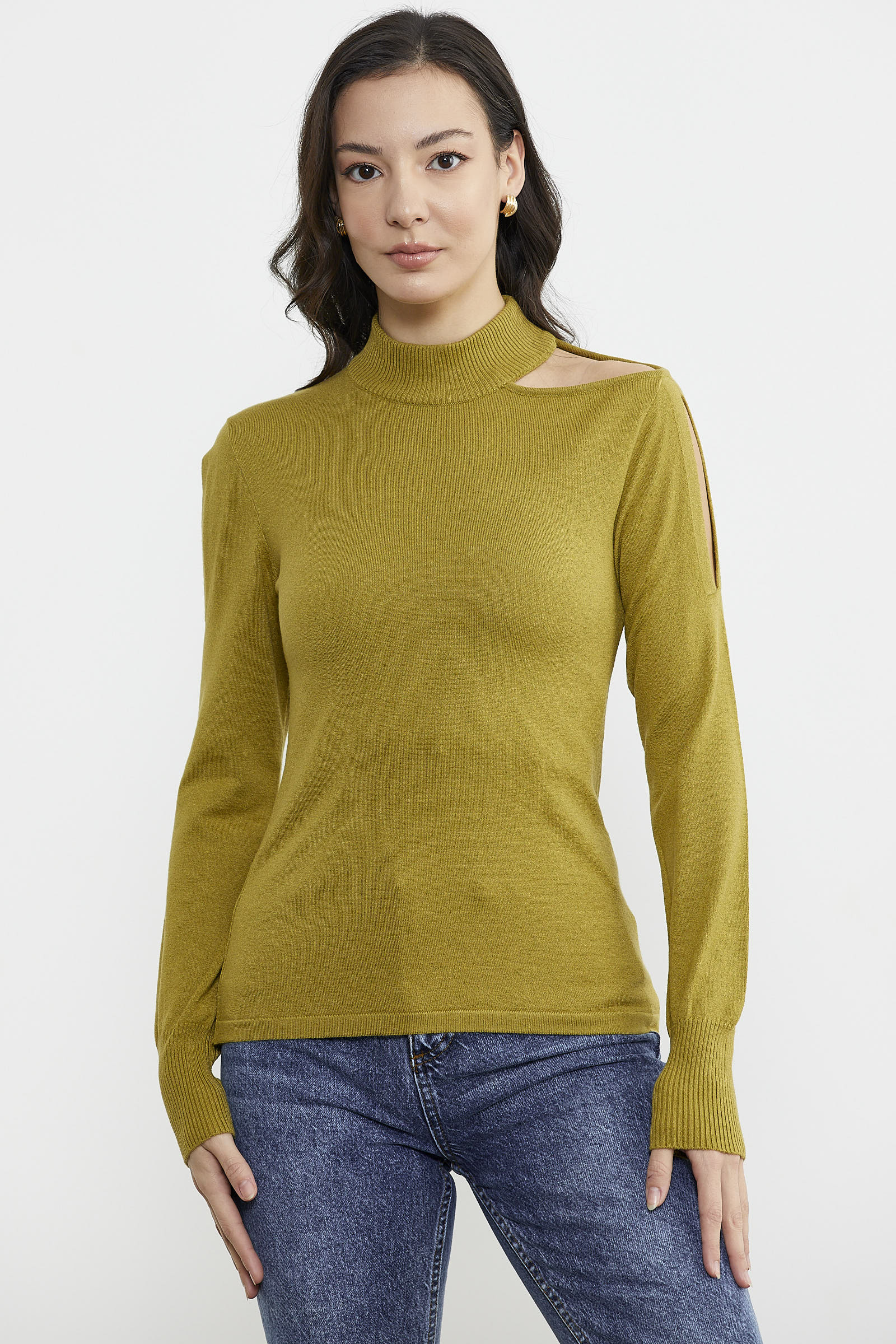 Kol Detaylı Triko Kazak - Yeşil (1) Sementa