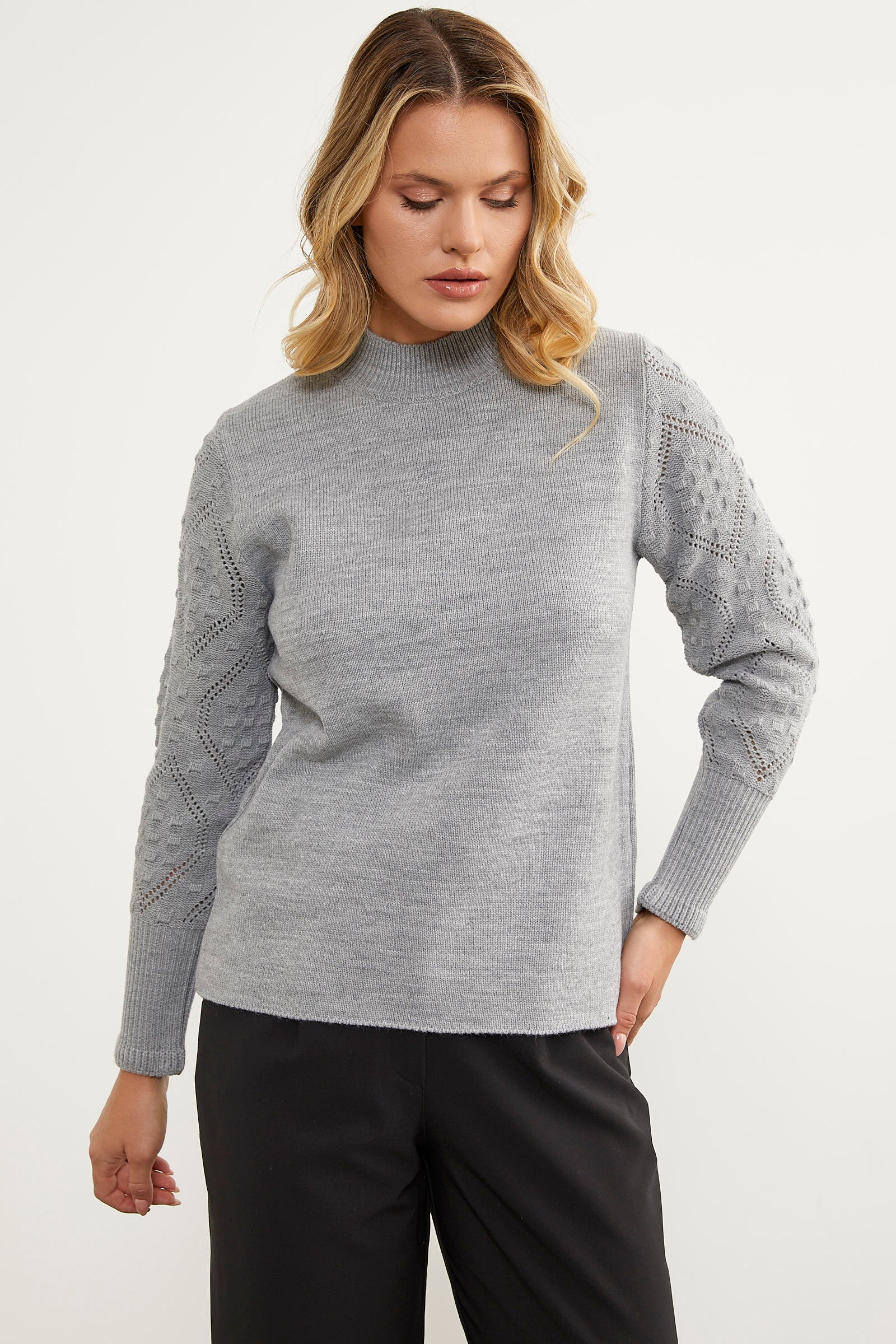 Kolları Motifli Yarım Balıkçı Triko Kazak - Gri (2) Sementa