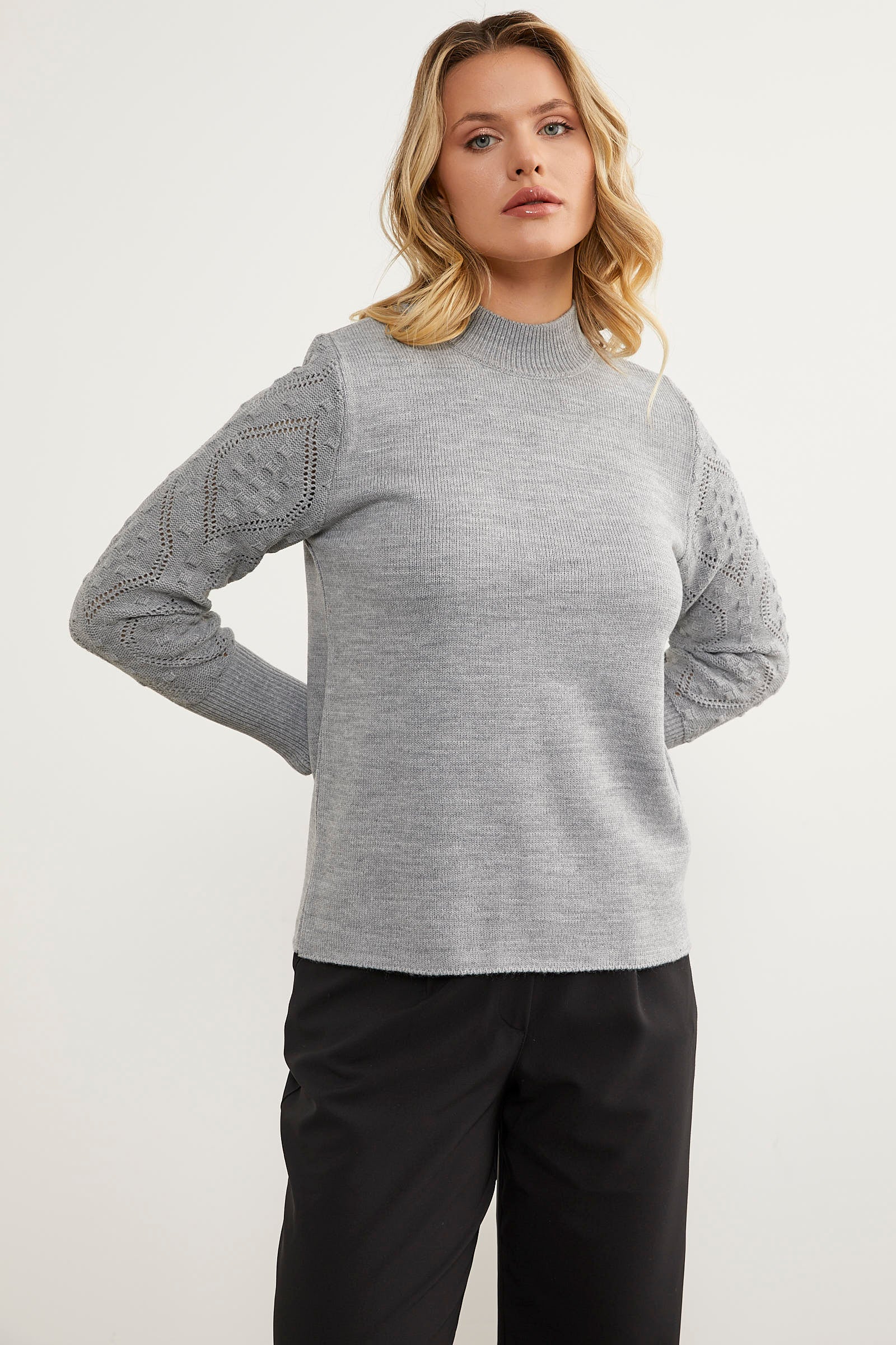 Kolları Motifli Yarım Balıkçı Triko Kazak - Gri (3) Sementa