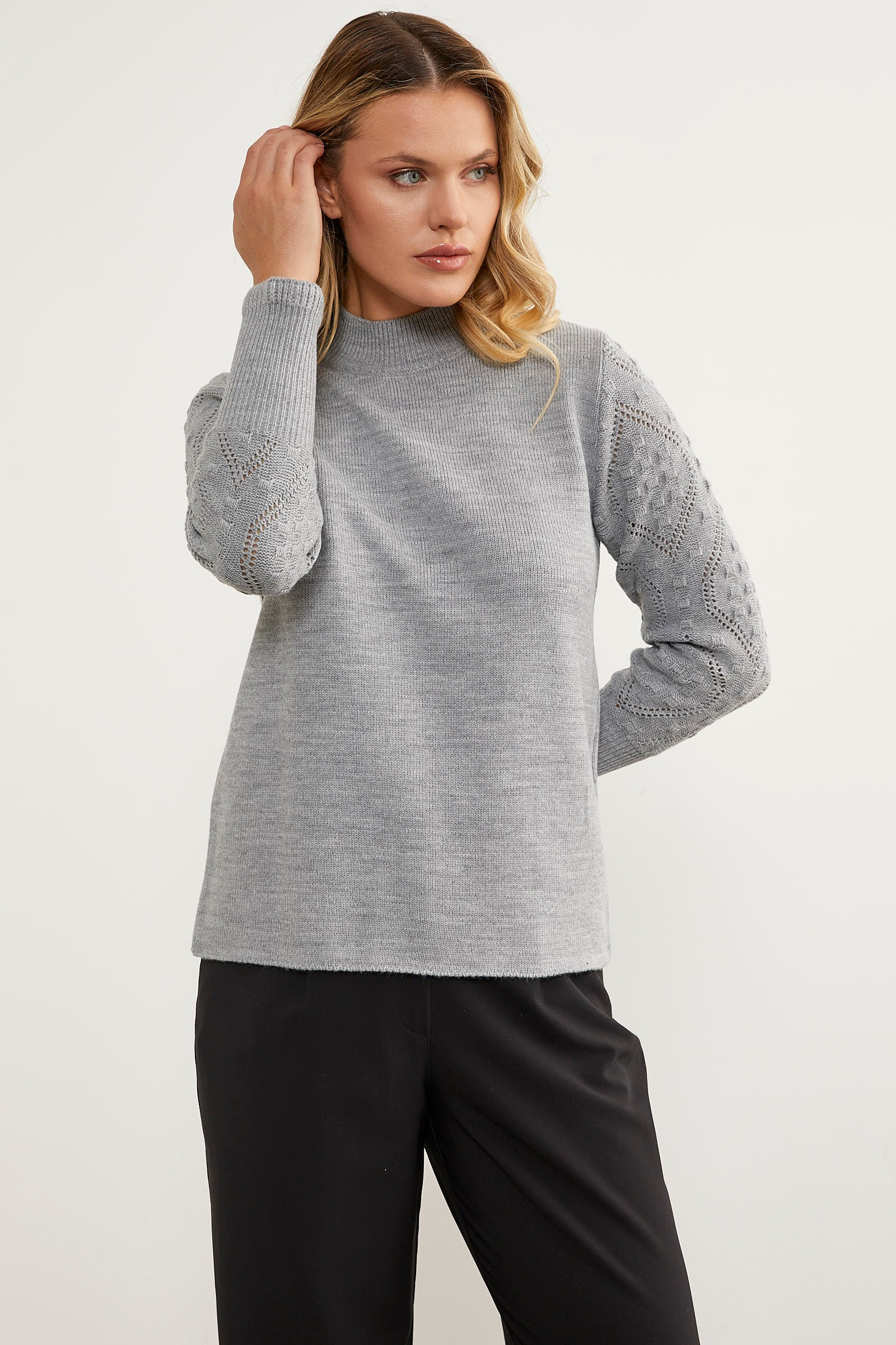 Kolları Motifli Yarım Balıkçı Triko Kazak - Gri (4) Sementa