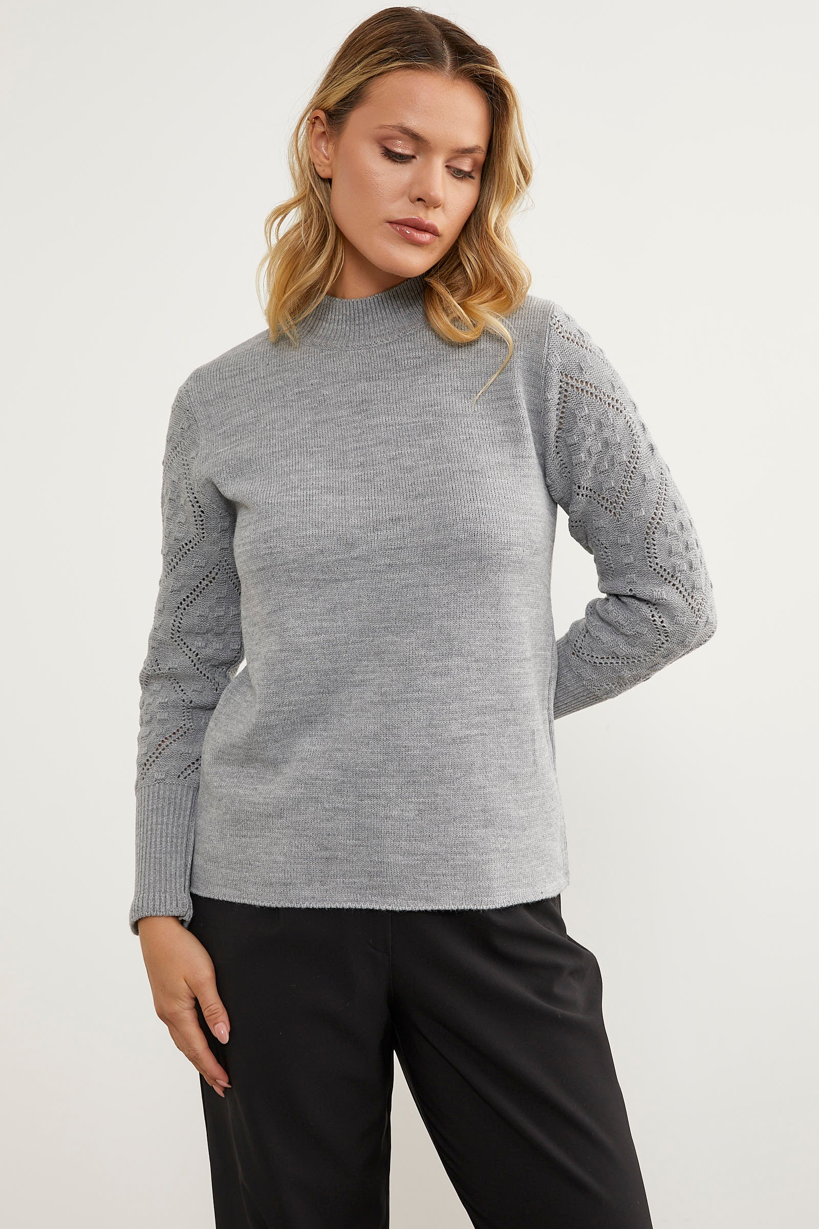 Kolları Motifli Yarım Balıkçı Triko Kazak - Gri (5) Sementa