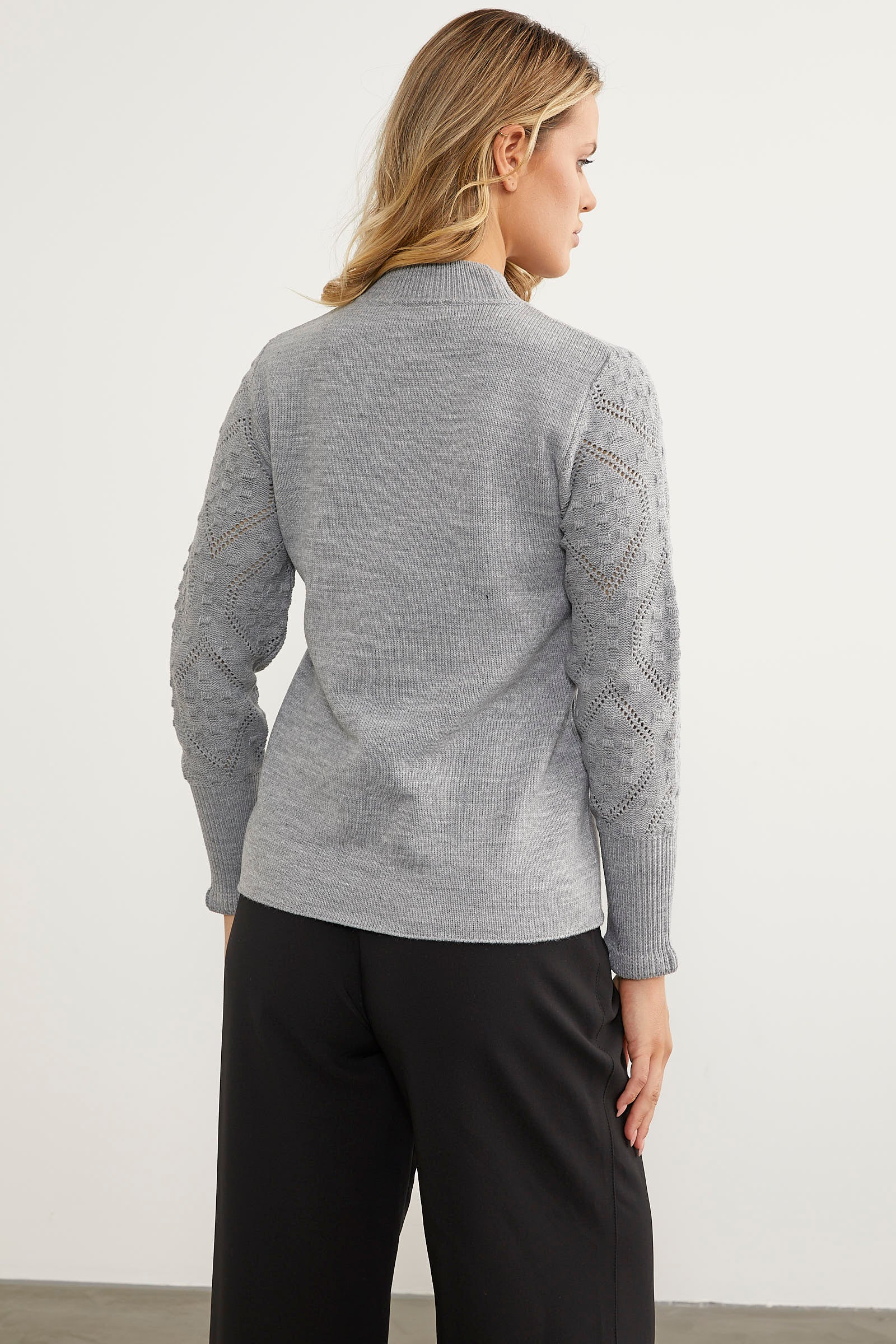 Kolları Motifli Yarım Balıkçı Triko Kazak - Gri (7) Sementa