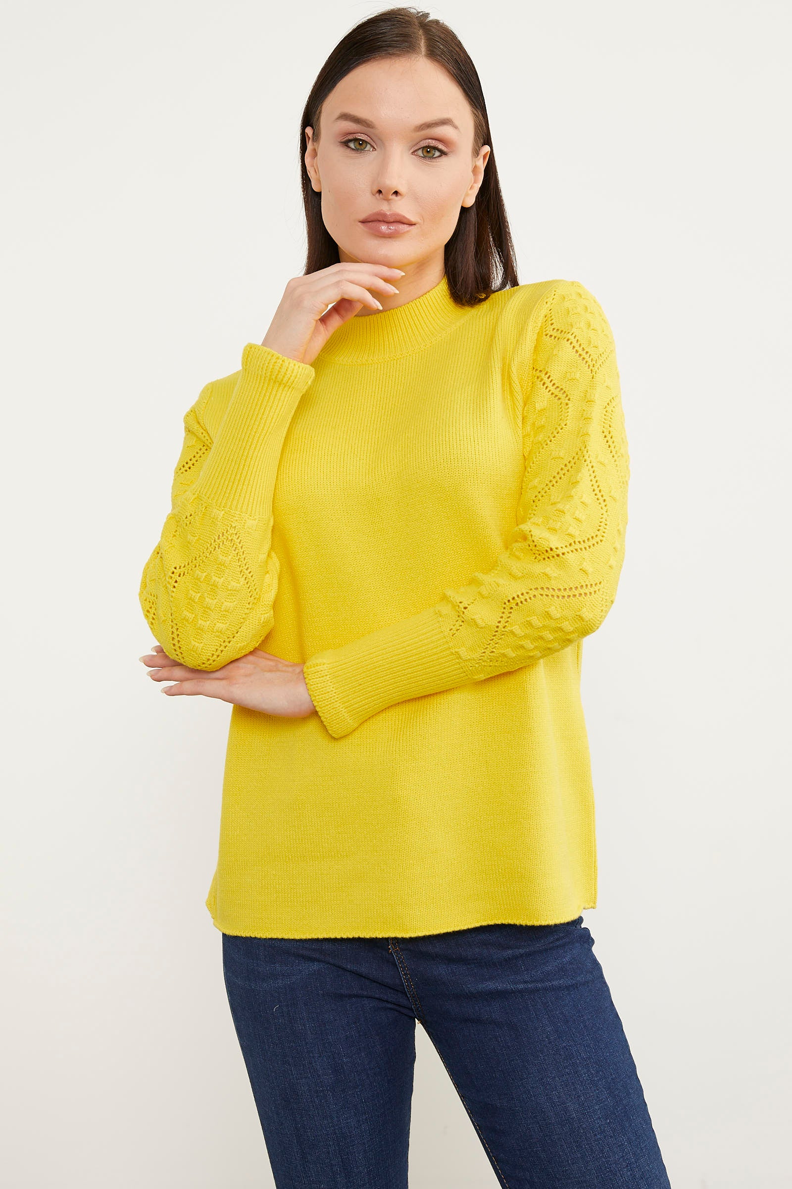 Kolları Motifli Yarım Balıkçı Triko Kazak - Sarı (1) Sementa