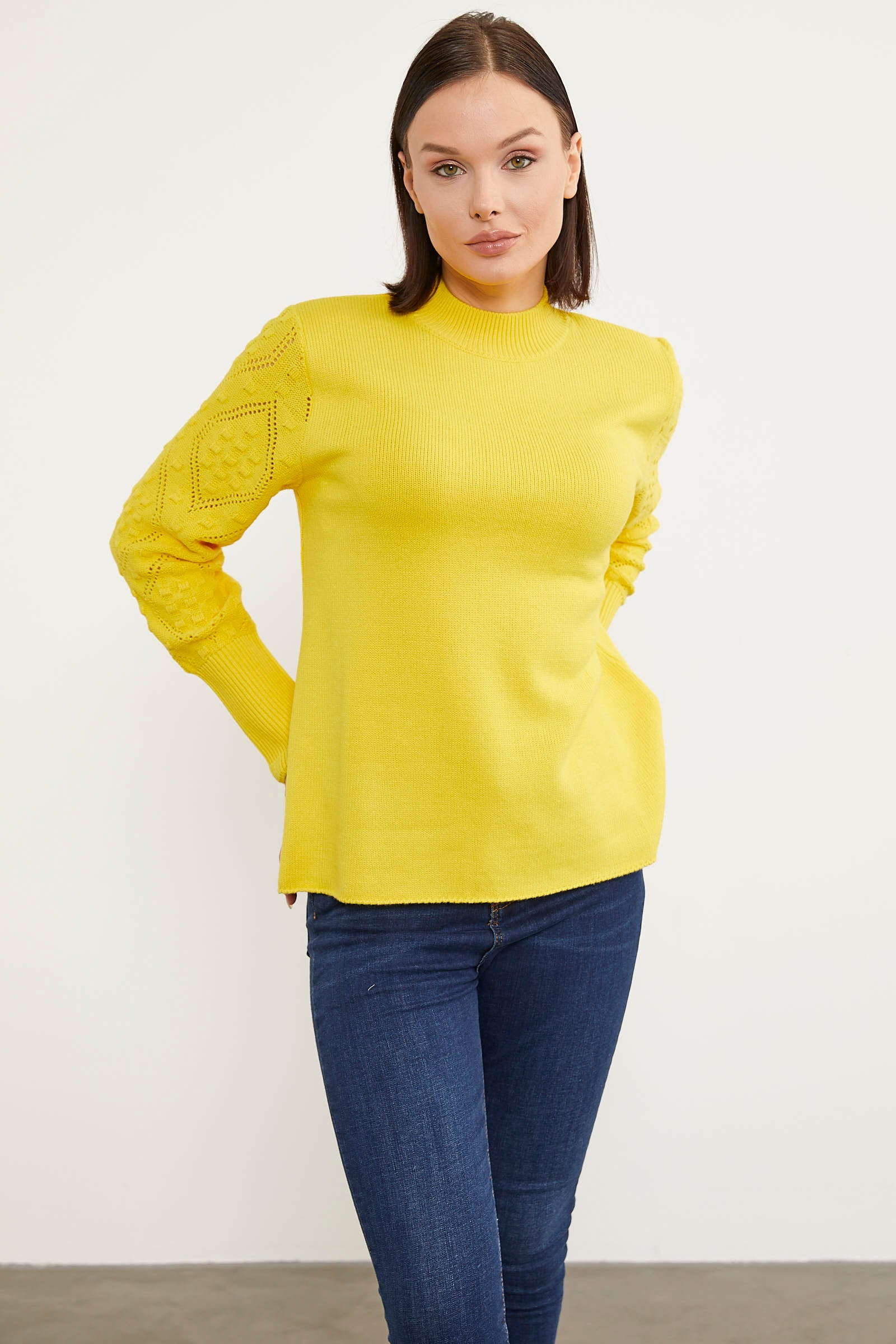 Kolları Motifli Yarım Balıkçı Triko Kazak - Sarı (3) Sementa