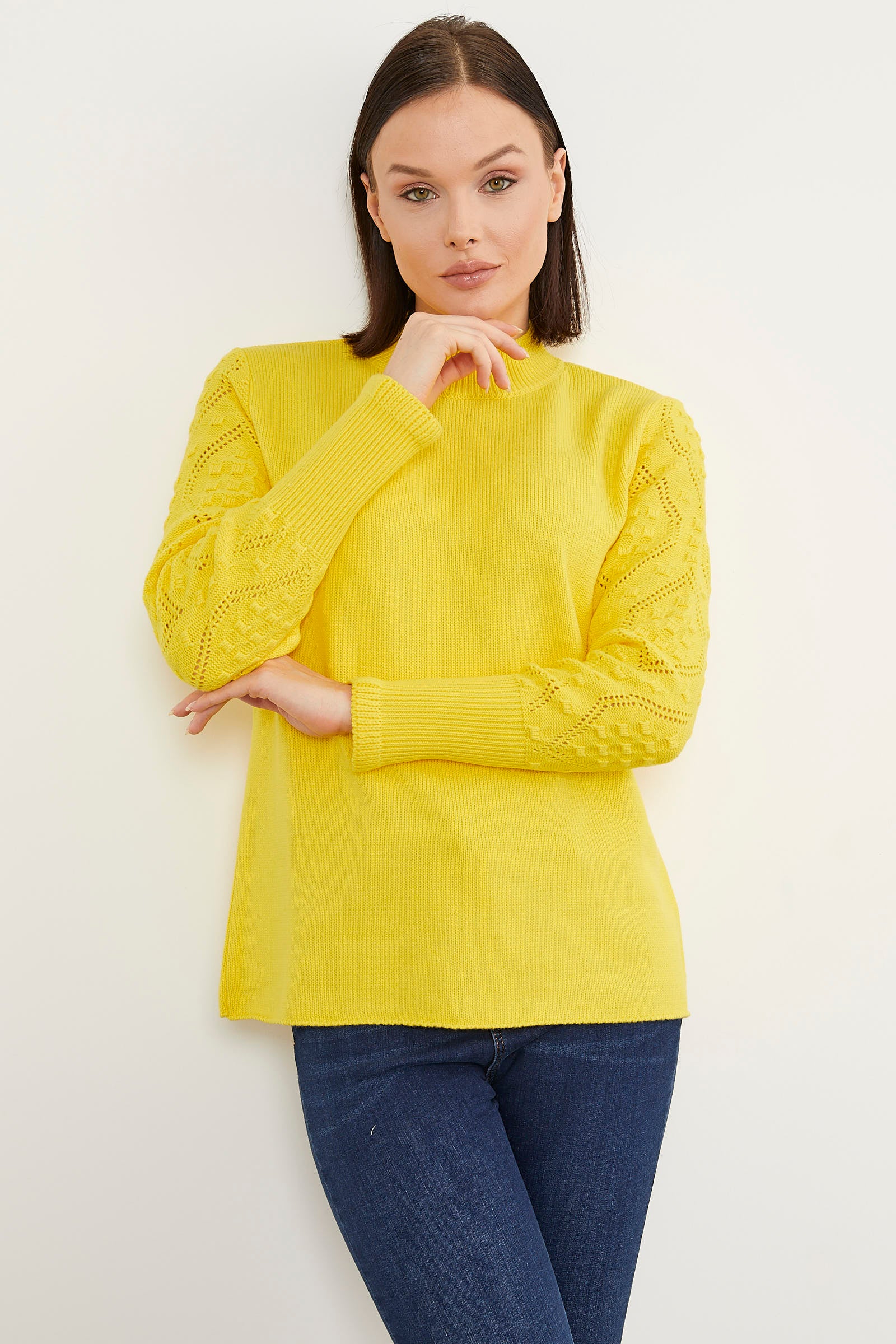 Kolları Motifli Yarım Balıkçı Triko Kazak - Sarı (5) Sementa