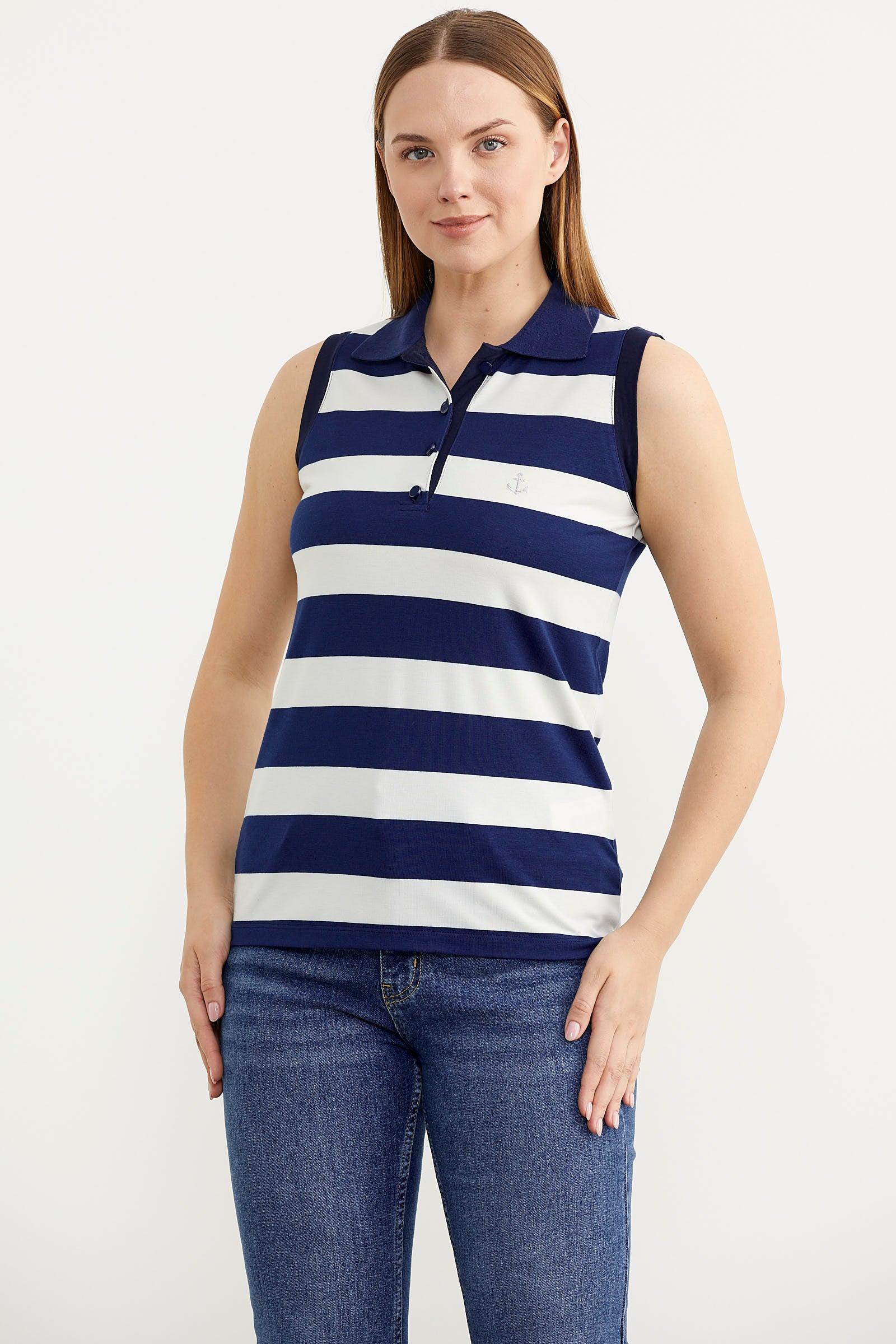 Kolsuz Polo Yaka Çizgili Tişört - Lacivert (2) Sementa