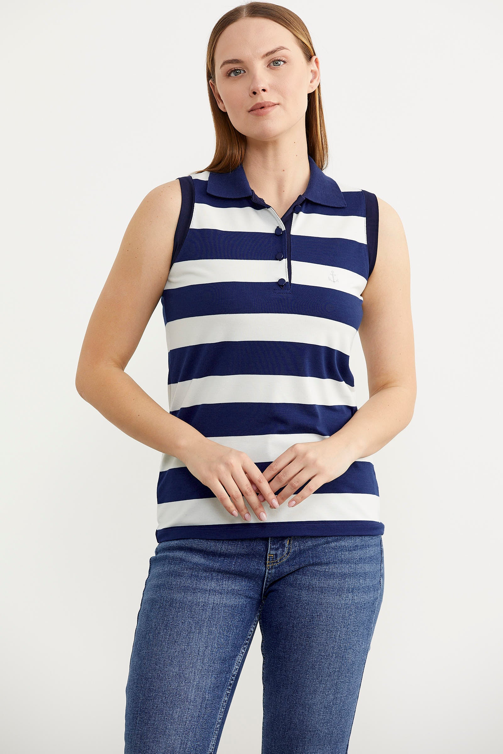 Kolsuz Polo Yaka Çizgili Tişört - Lacivert (3) Sementa