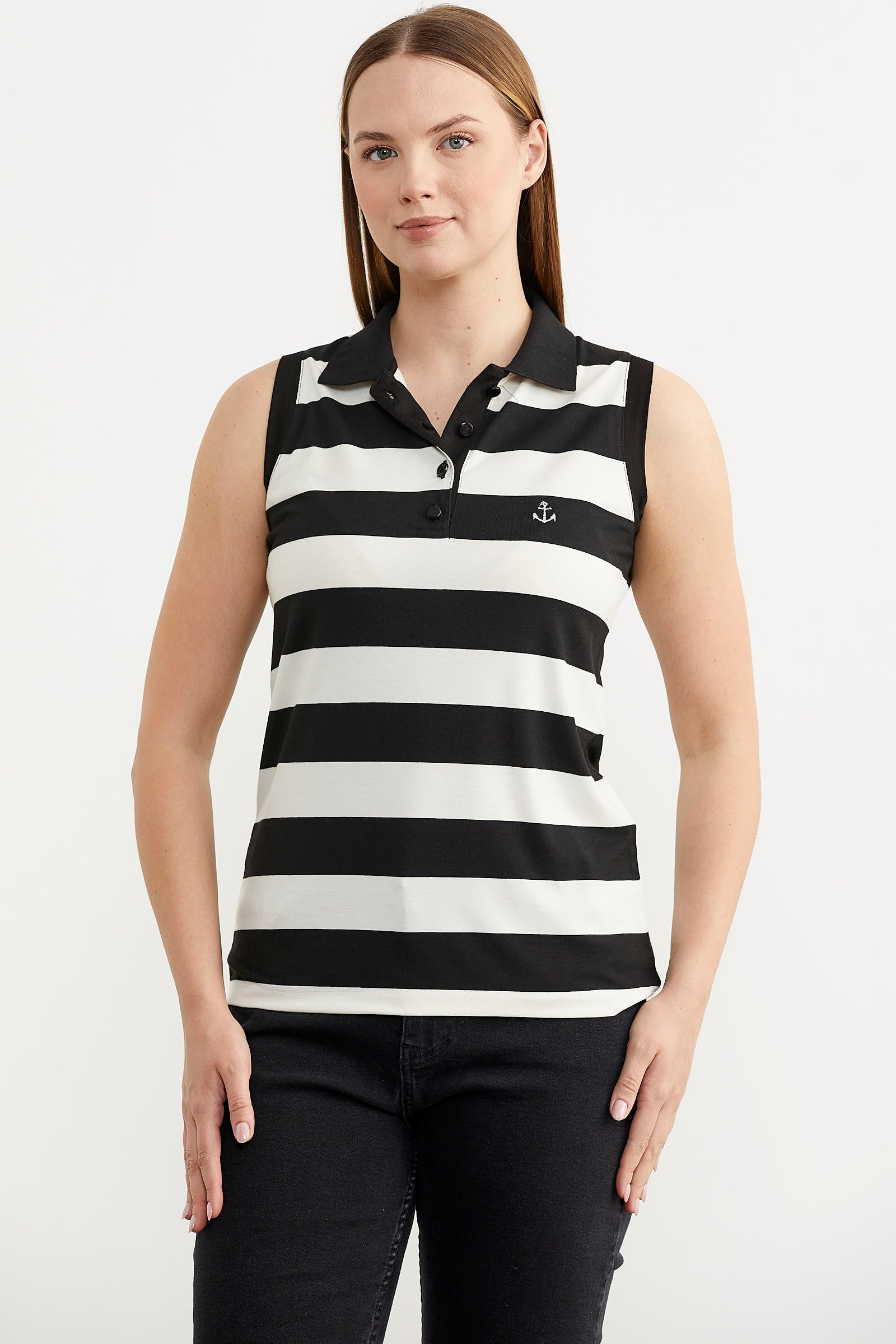 Kolsuz Polo Yaka Çizgili Tişört - Siyah (3) Sementa