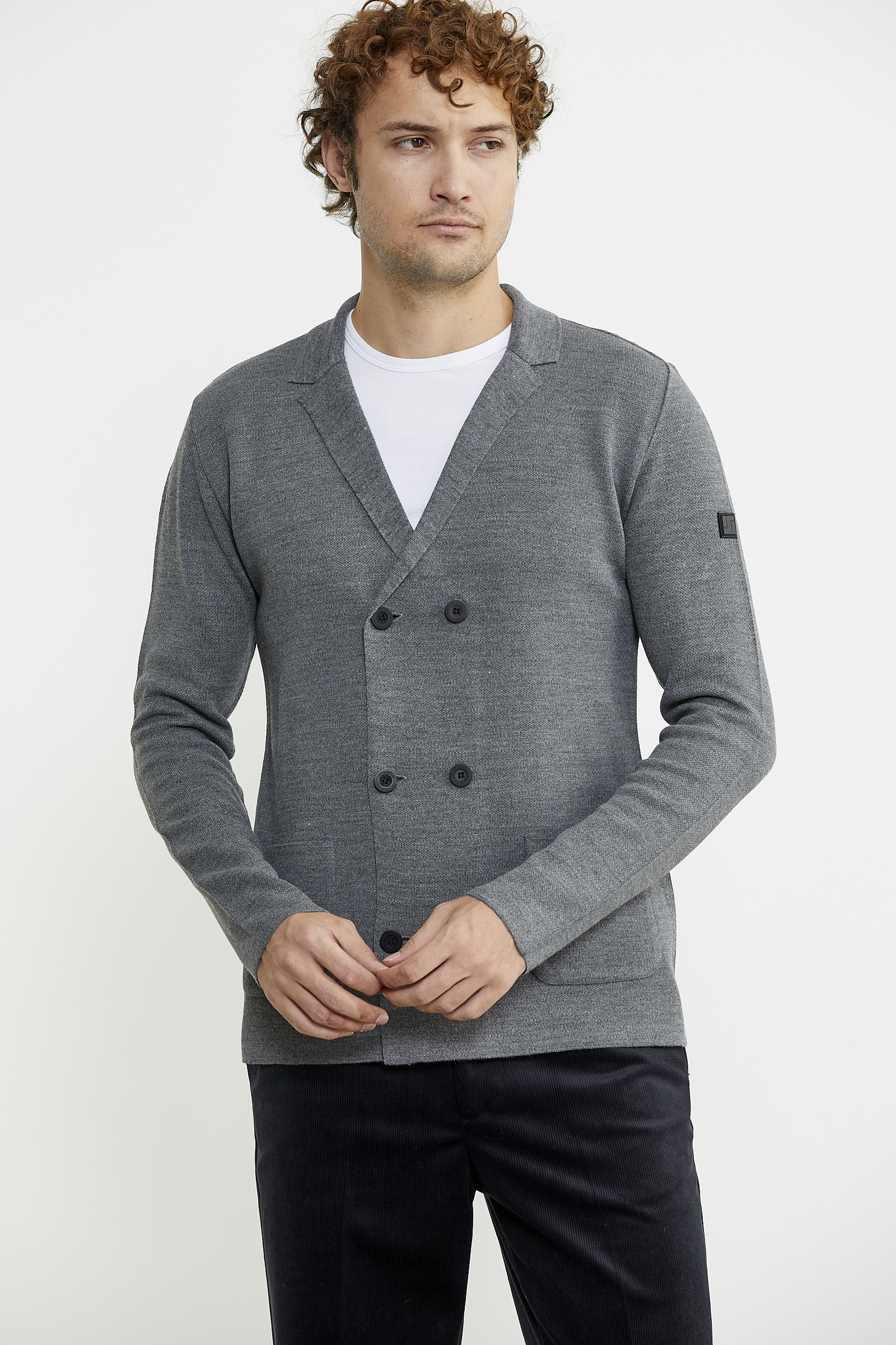 Kruvaze Düğmeli Yünlü Triko Ceket - Füme - Sementa