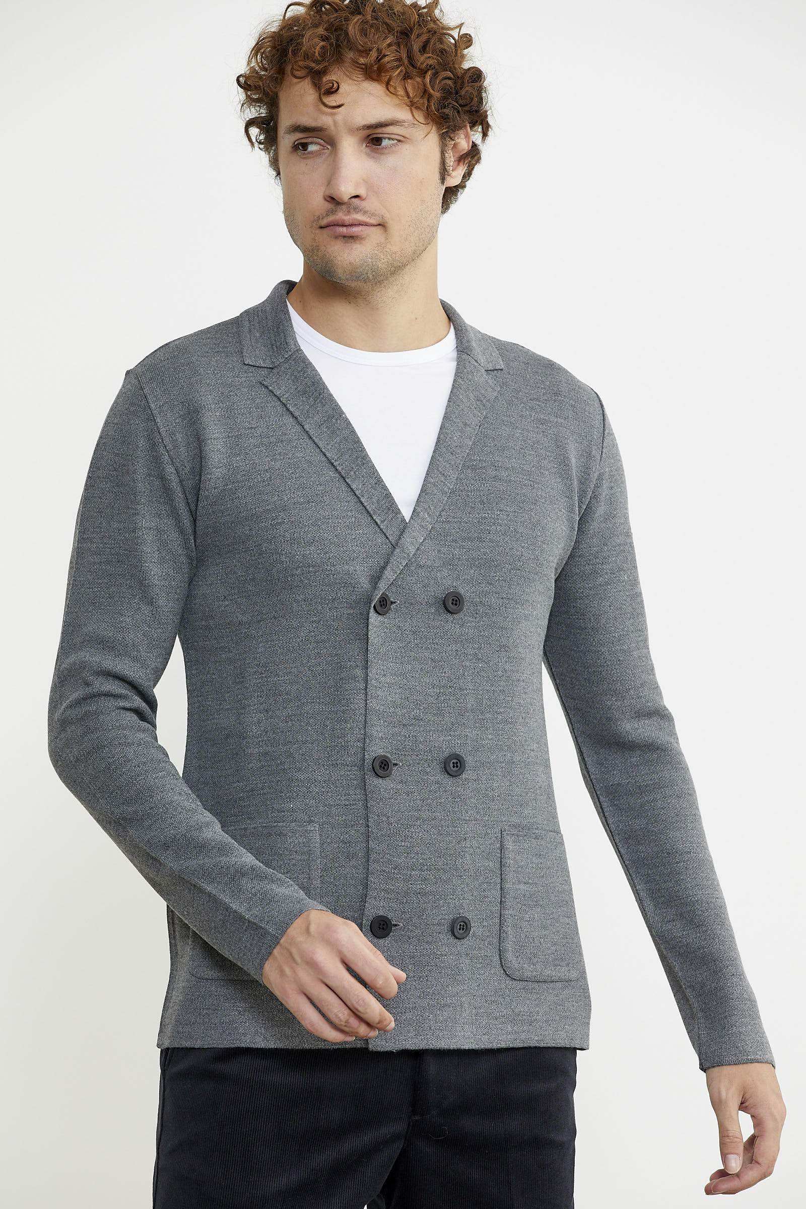 Kruvaze Düğmeli Yünlü Triko Ceket - Füme - Sementa