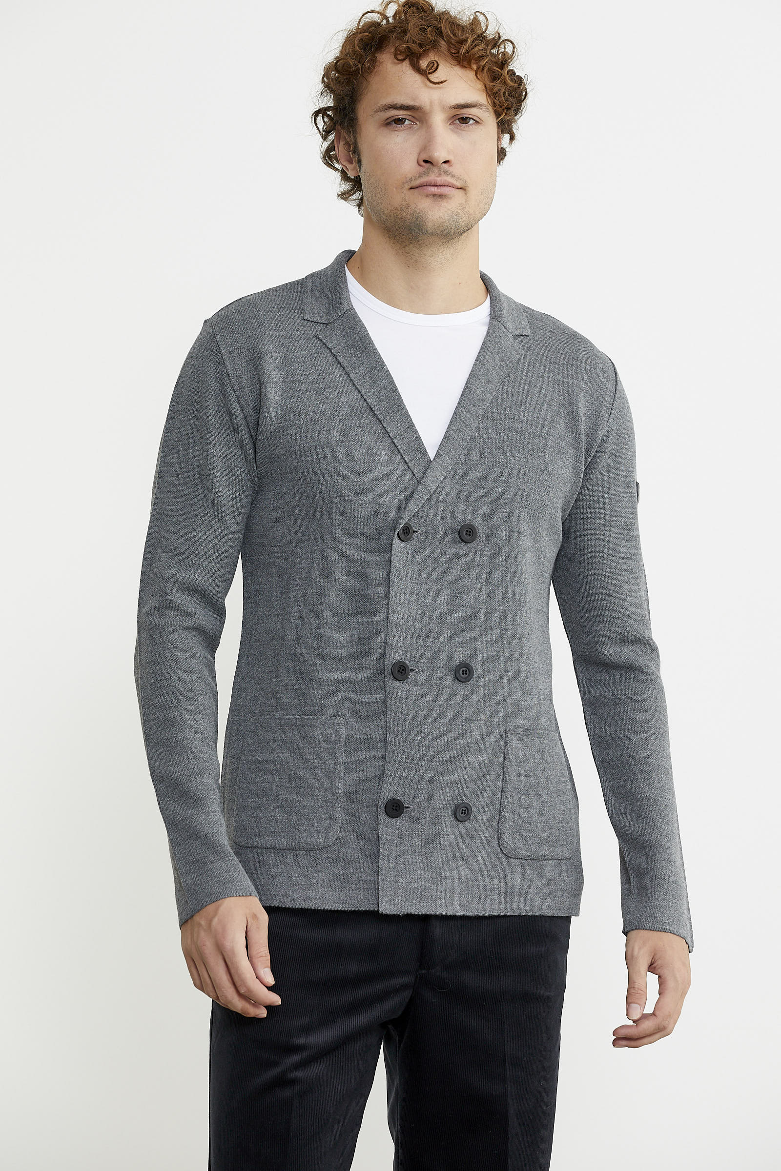 Kruvaze Düğmeli Yünlü Triko Ceket - Füme - Sementa