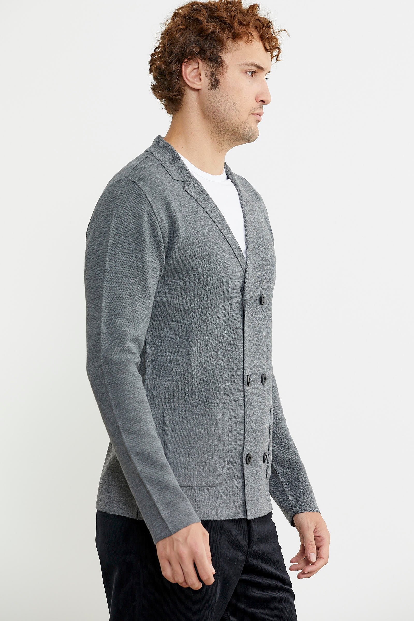 Kruvaze Düğmeli Yünlü Triko Ceket - Füme - Sementa