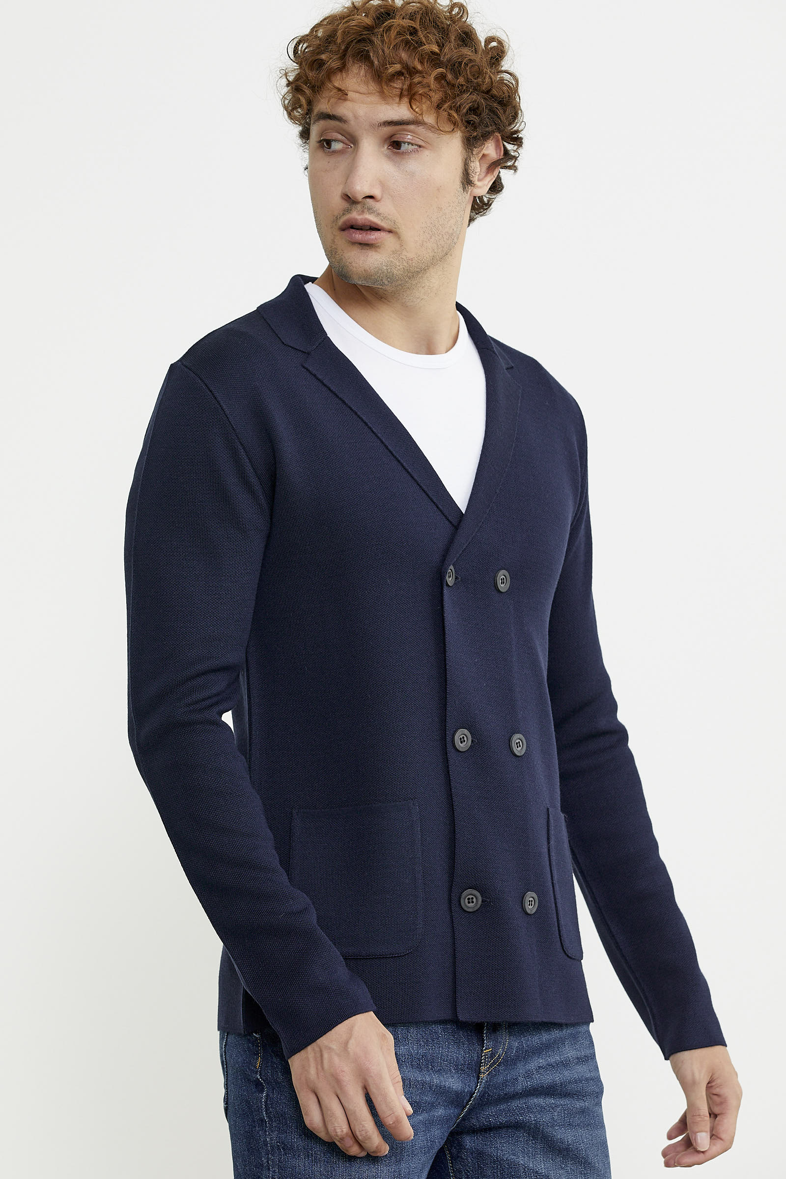 Kruvaze Düğmeli Yünlü Triko Ceket - Lacivert - Sementa