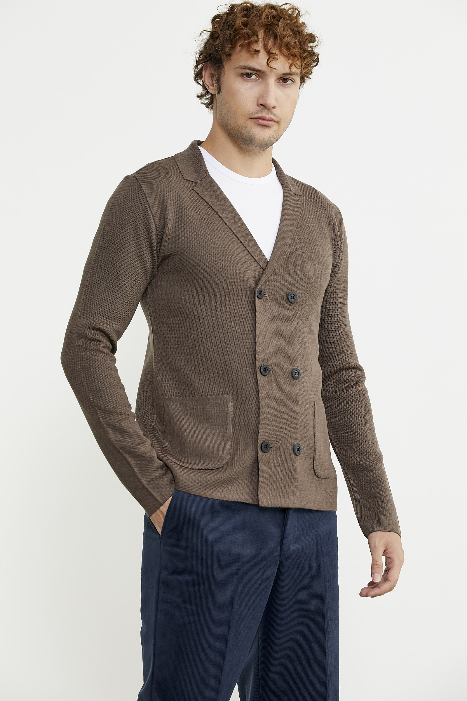 Kruvaze Düğmeli Yünlü Triko Ceket - Vizon - Sementa