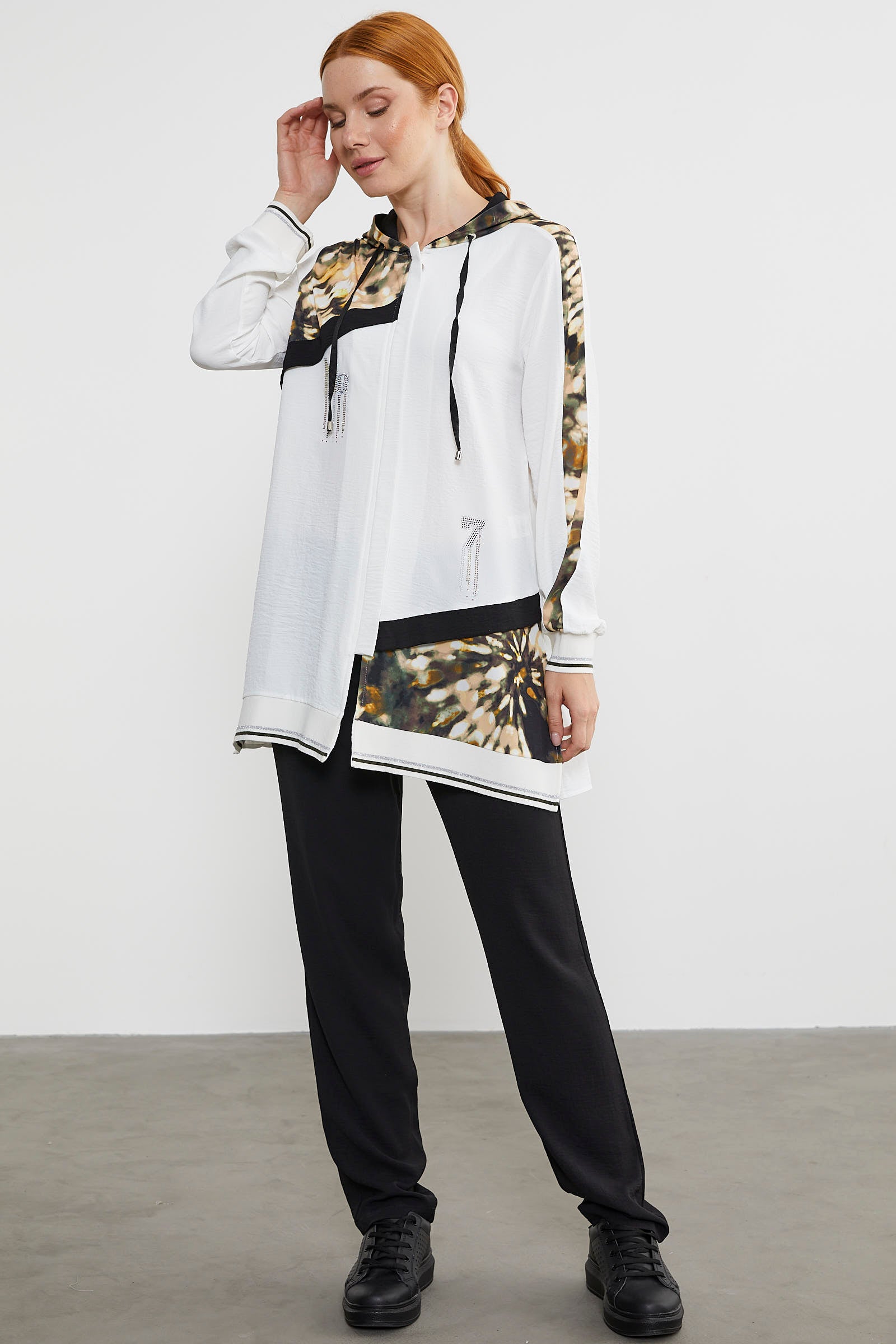 Kumaş Garnili Kapüşonlu Krep Takım - Ekru (2) Sementa