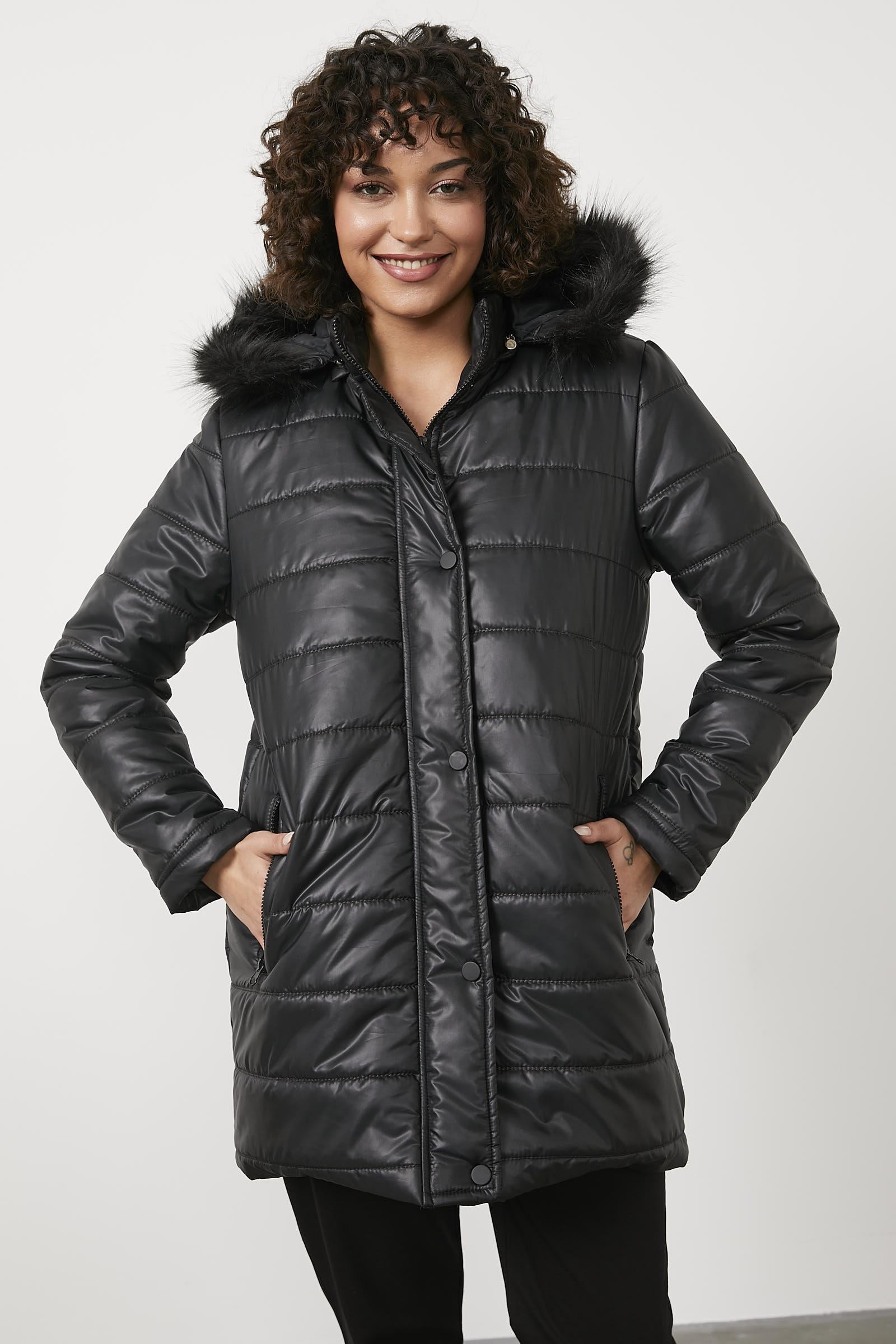 Kürk Kapüşonlu Tunik Boy Kapitone Mont - Siyah (6) Sementa