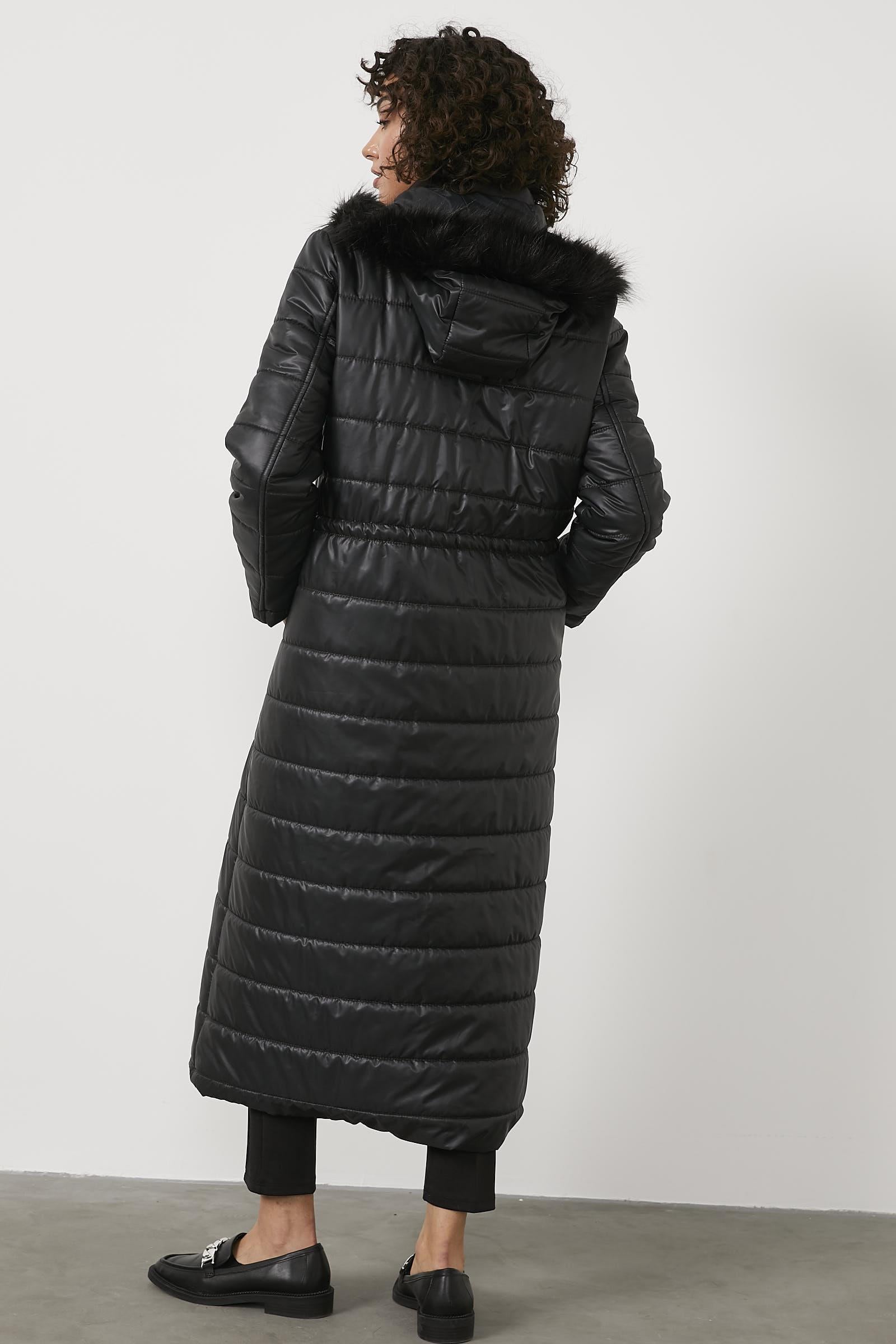 Kürk Kapüşonlu Uzun Kapitone Mont - Siyah (6) Sementa