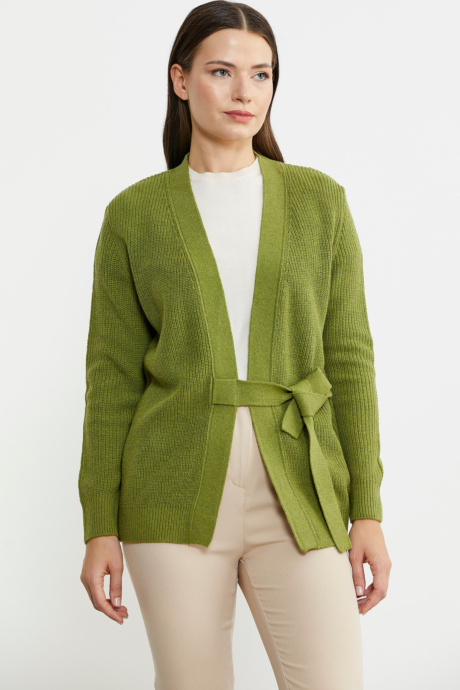 Kuruvaze Kuşaklı Yün Triko Hırka - Yeşil - Sementa