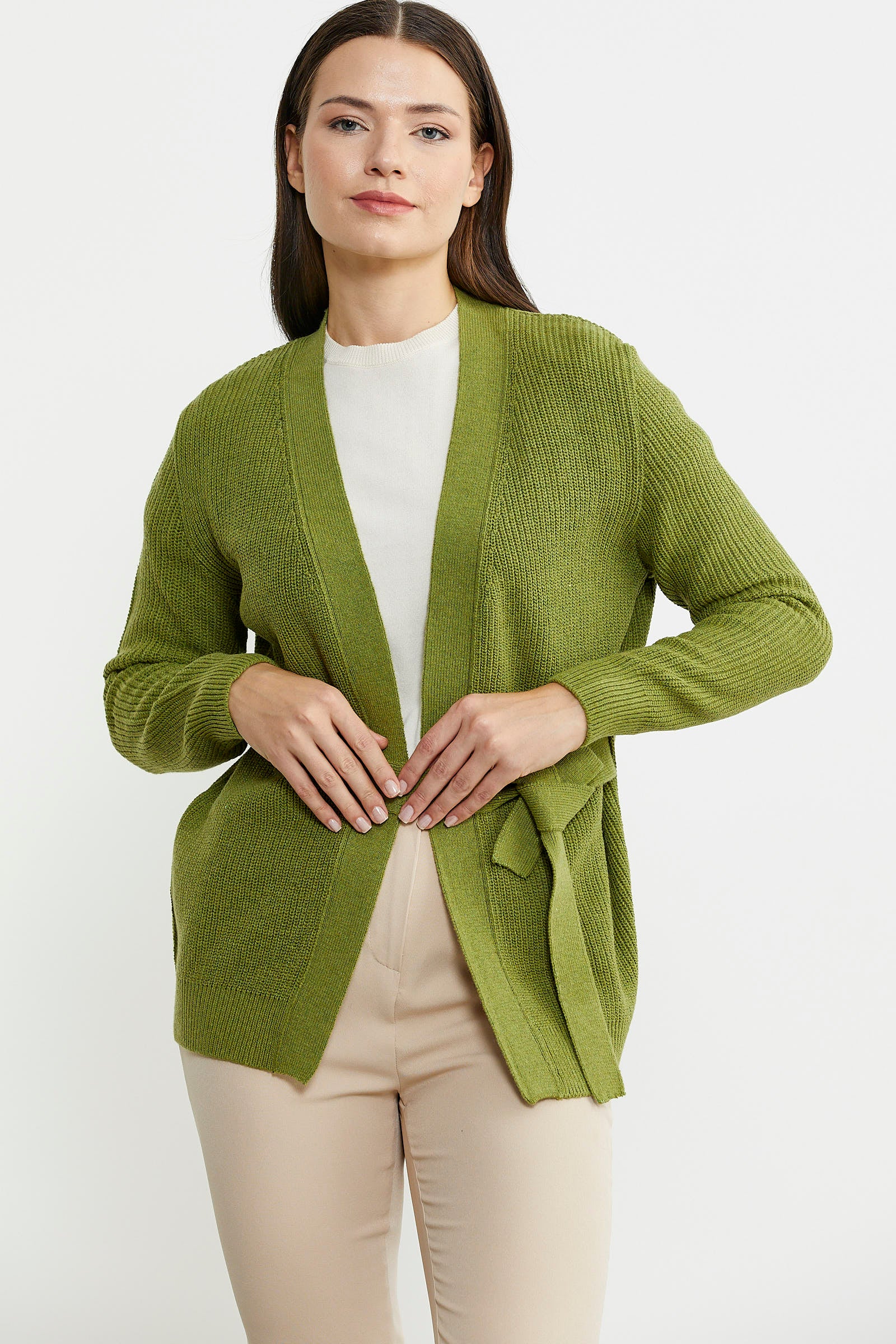 Kuruvaze Kuşaklı Yün Triko Hırka - Yeşil - Sementa