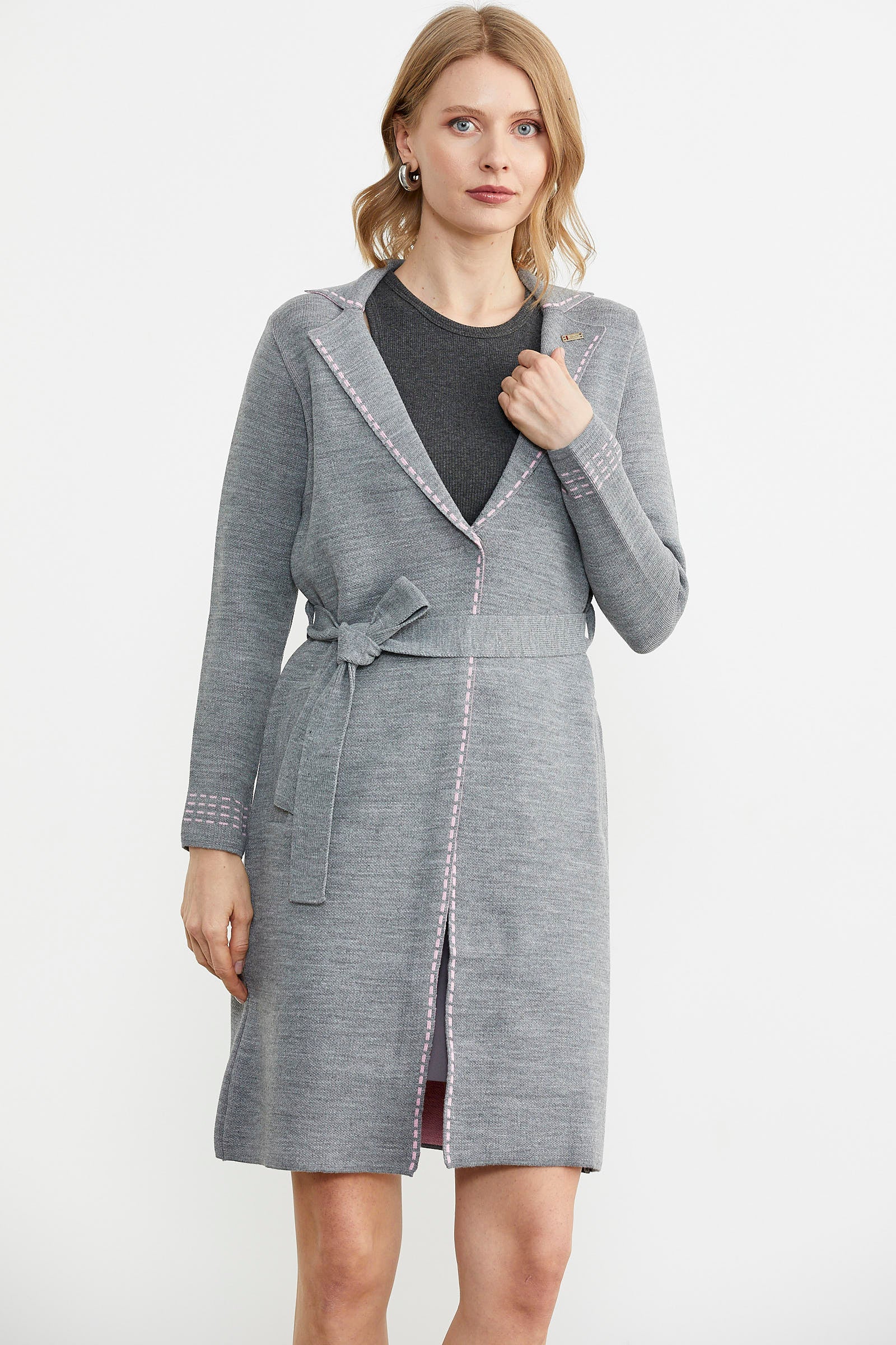 Kuşaklı Uzun Triko Hırka - Gri - Pembe (4) Sementa