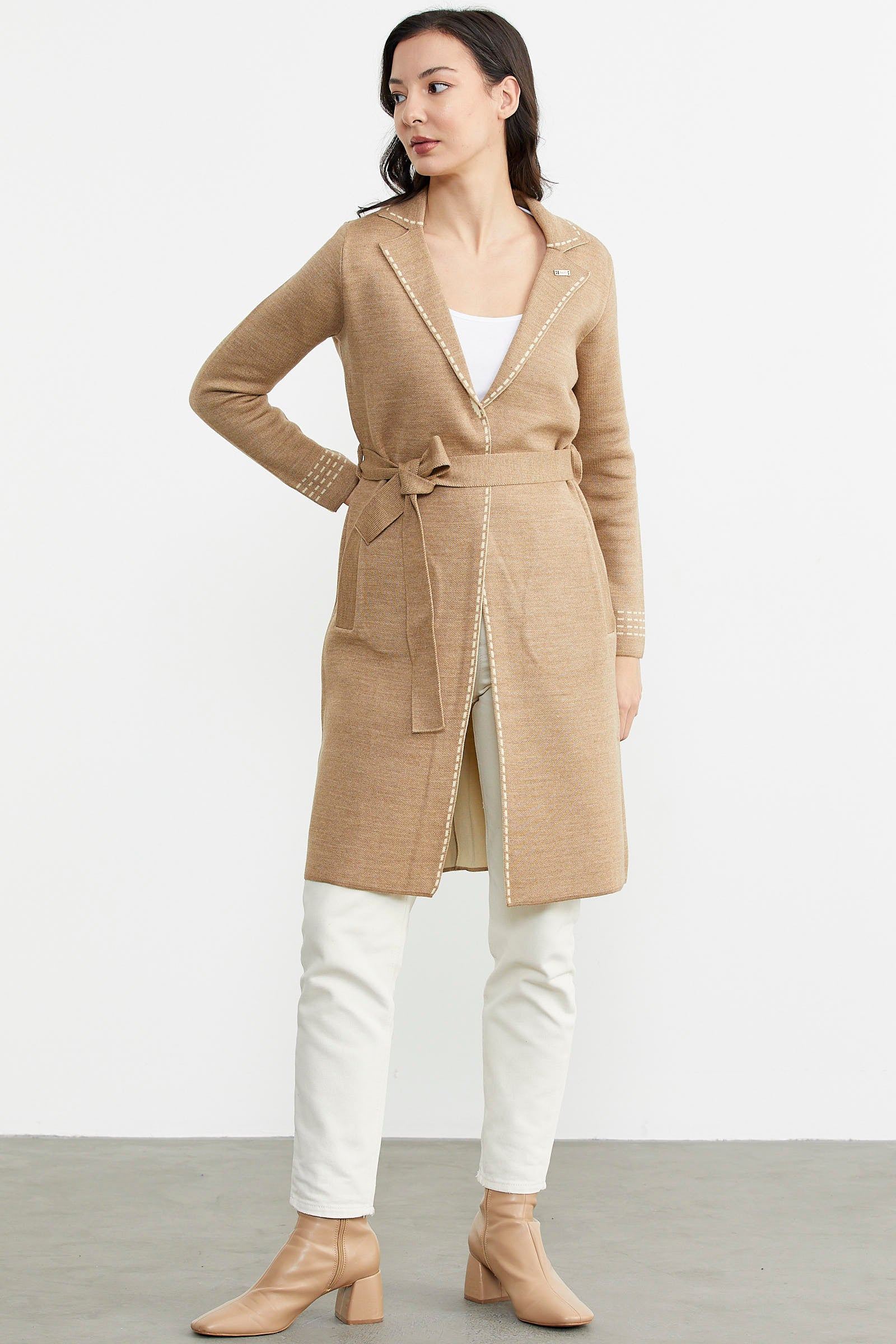 Kuşaklı Uzun Triko Hırka - Kum - Krem (3) Sementa