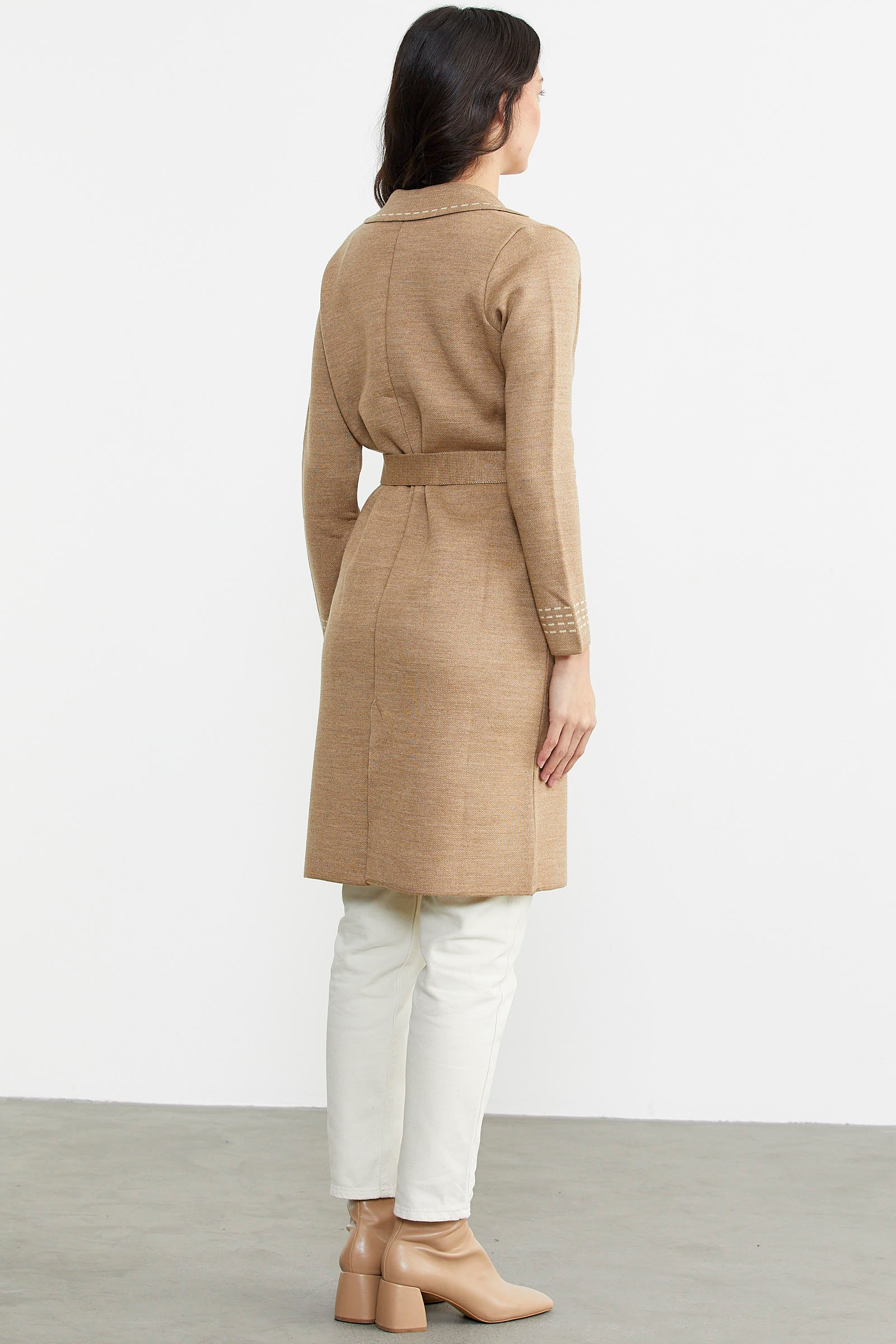 Kuşaklı Uzun Triko Hırka - Kum - Krem (4) Sementa