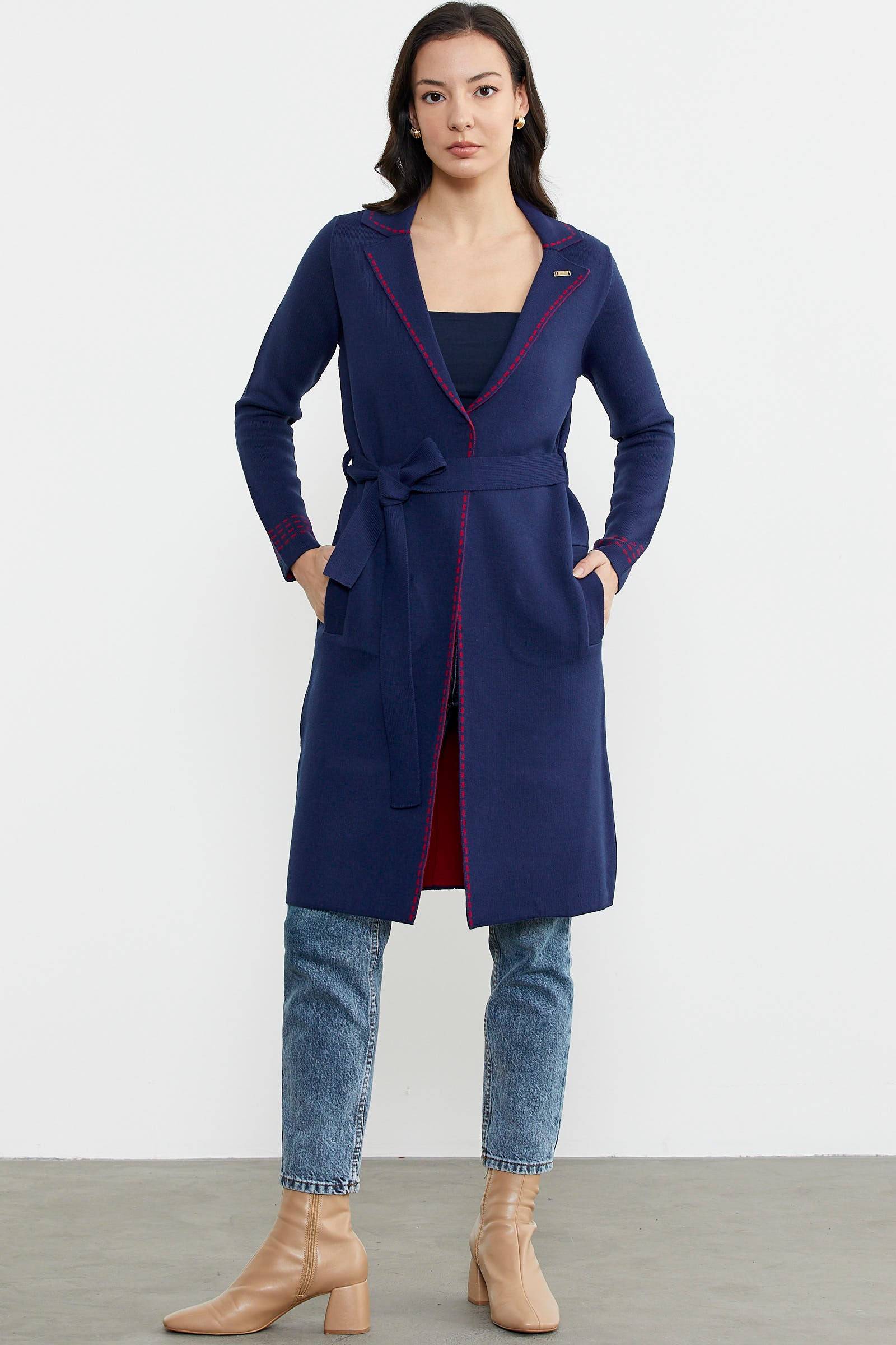 Kuşaklı Uzun Triko Hırka - Lacivert - Kırmızı (4) Sementa