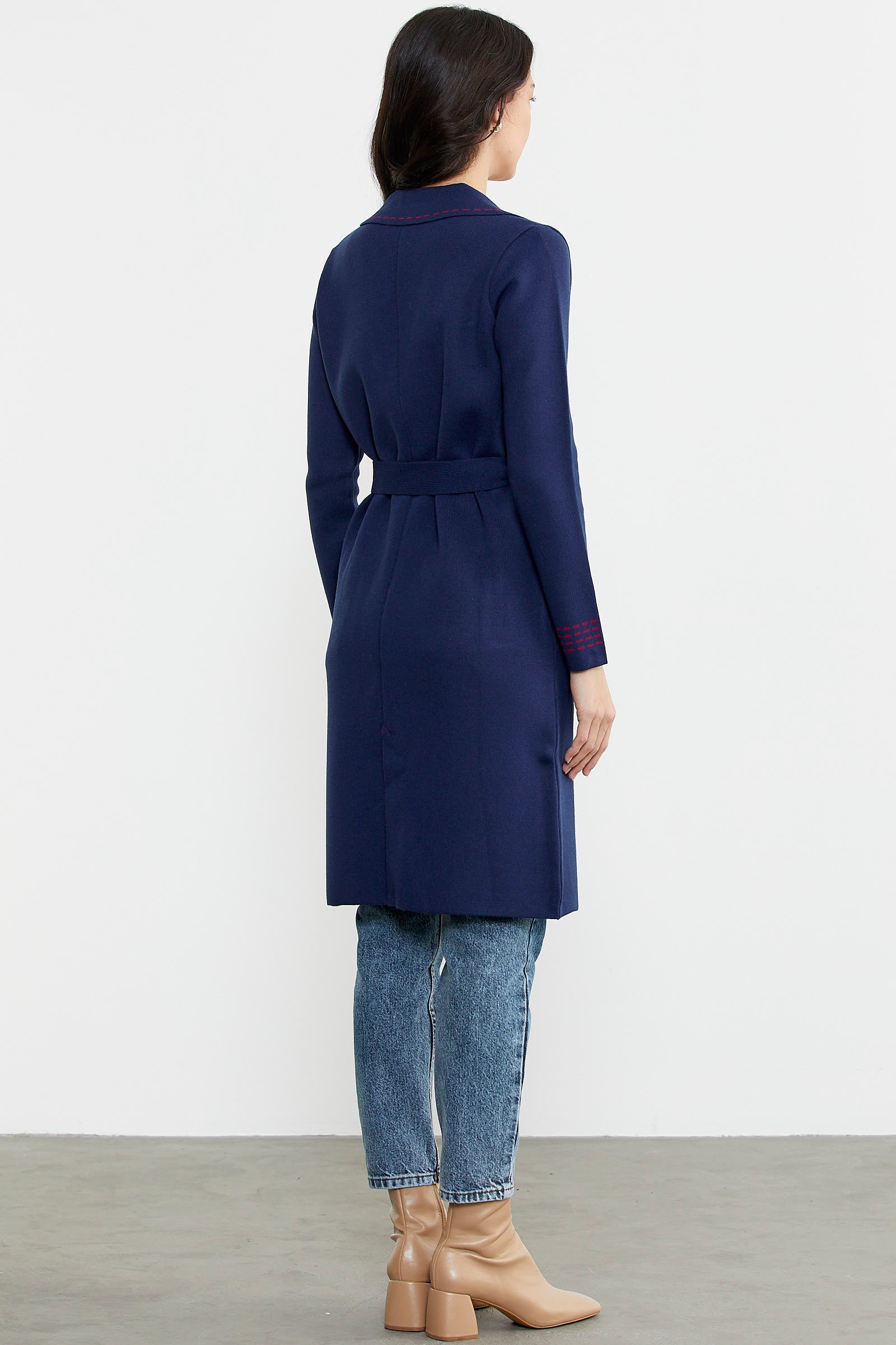 Kuşaklı Uzun Triko Hırka - Lacivert - Kırmızı (7) Sementa