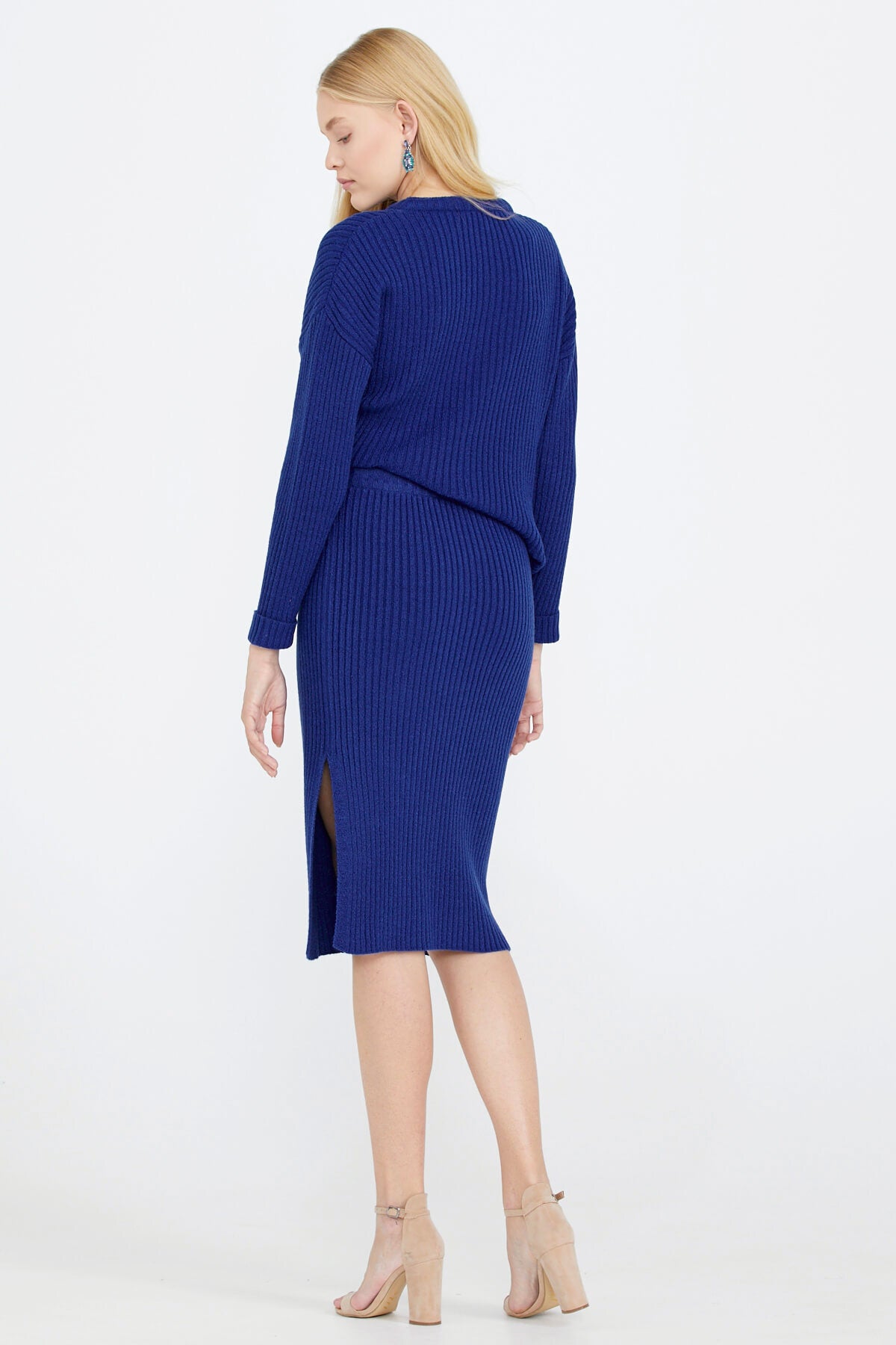 Lastik Örgülü Kadın Triko Etek - Saks (4) Sementa