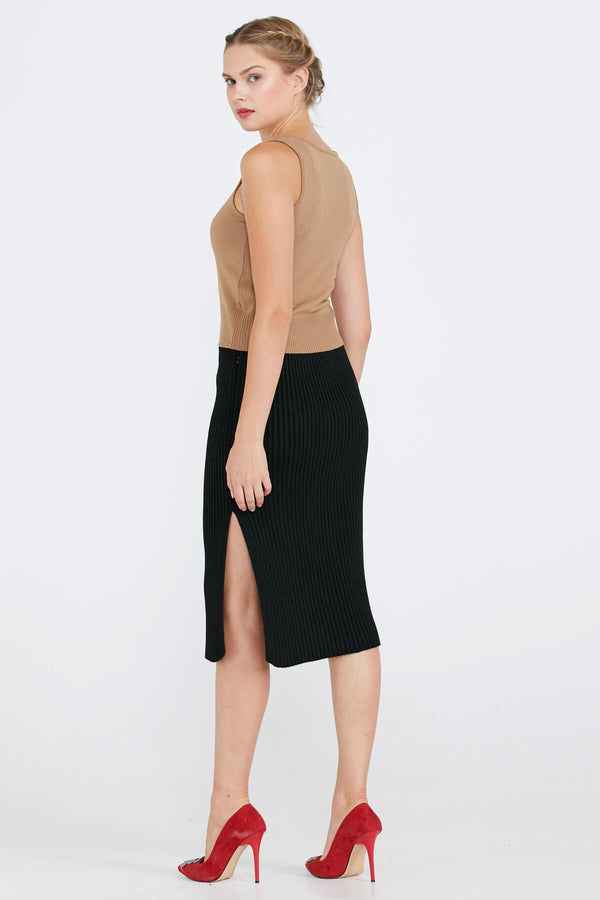 Lastik Örgülü Kadın Triko Etek - Siyah (4) Sementa