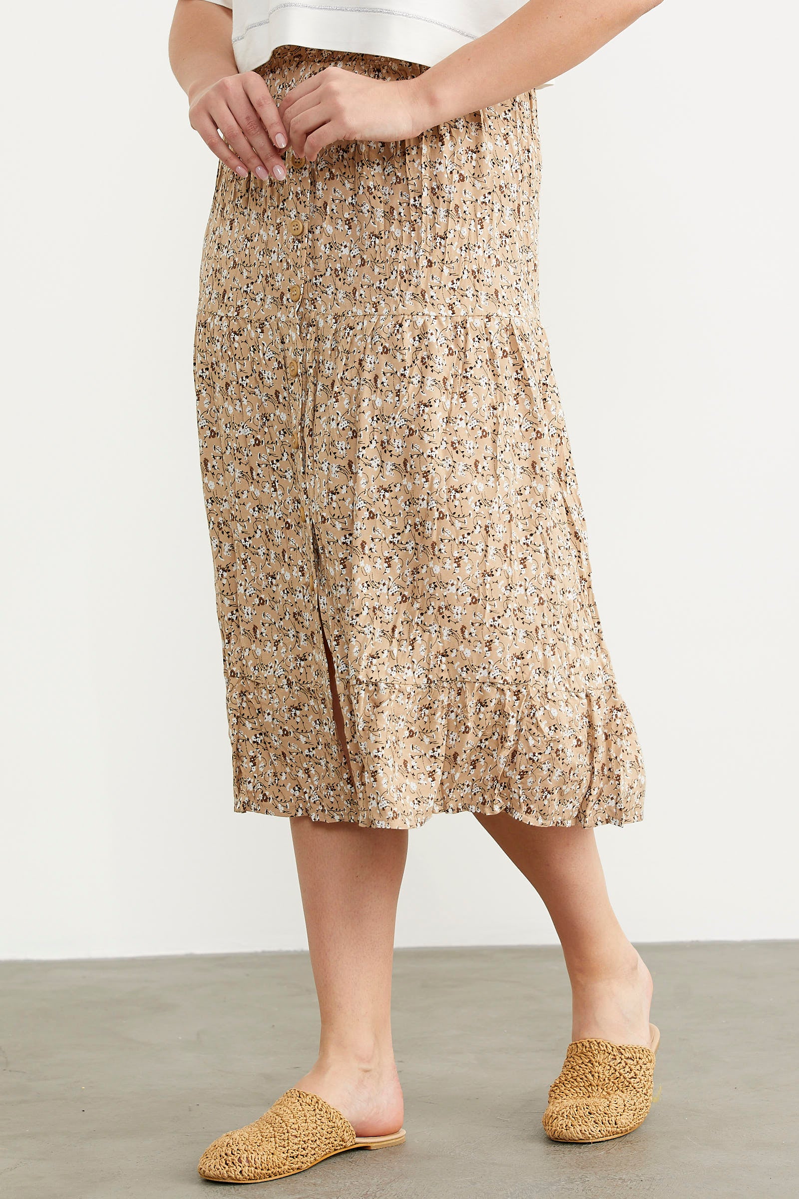 Lastikli Önden Düğmeli Desenli Etek - Kahve (5) Sementa