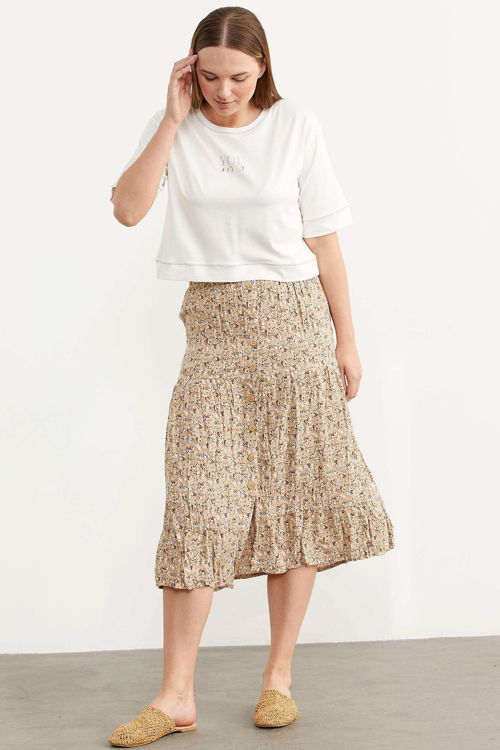 Lastikli Önden Düğmeli Desenli Etek - Kahve (3) Sementa