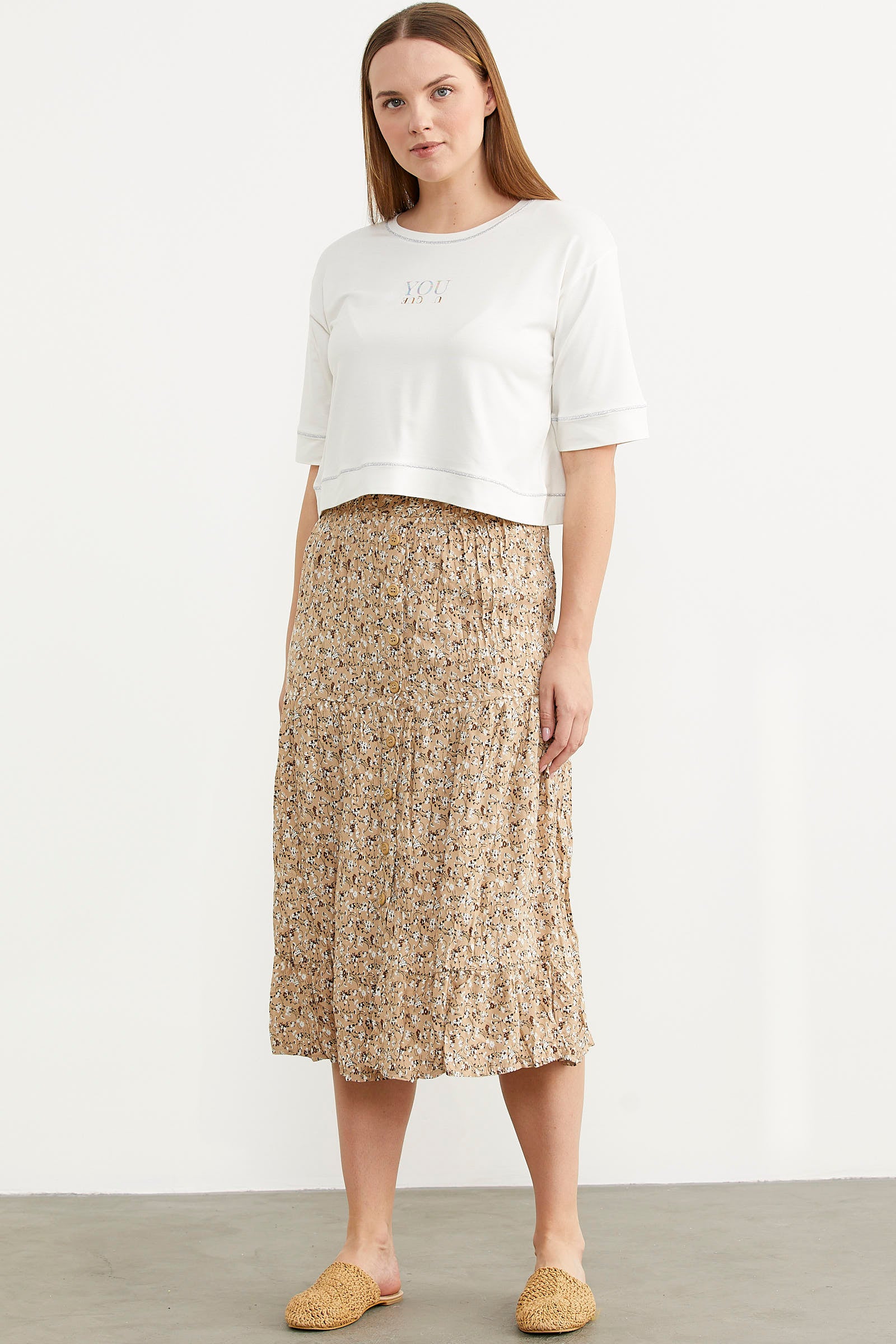 Lastikli Önden Düğmeli Desenli Etek - Kahve (4) Sementa