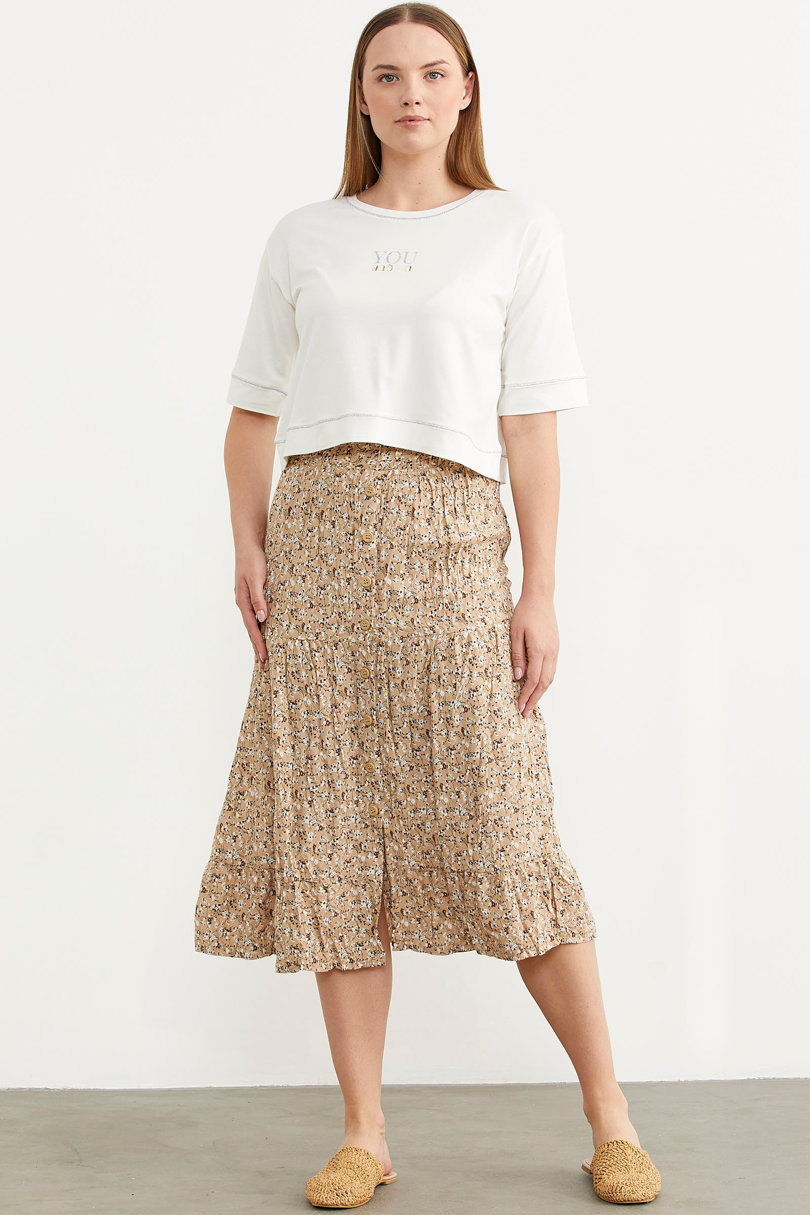 Lastikli Önden Düğmeli Desenli Etek - Kahve (2) Sementa