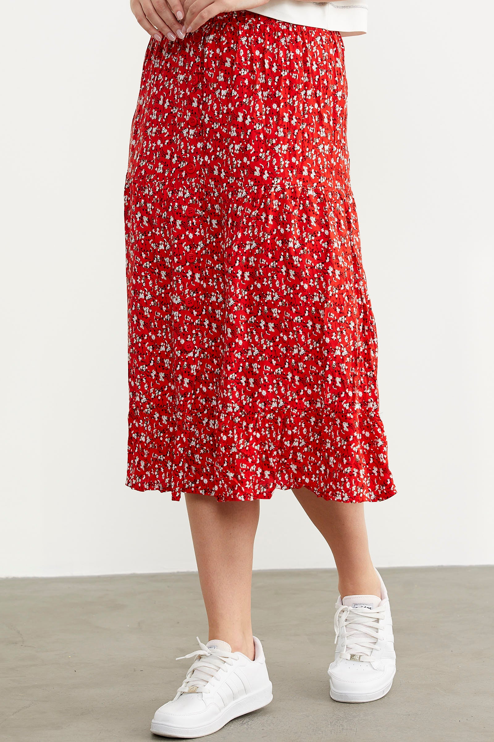 Lastikli Önden Düğmeli Desenli Etek - Kırmızı (3) Sementa