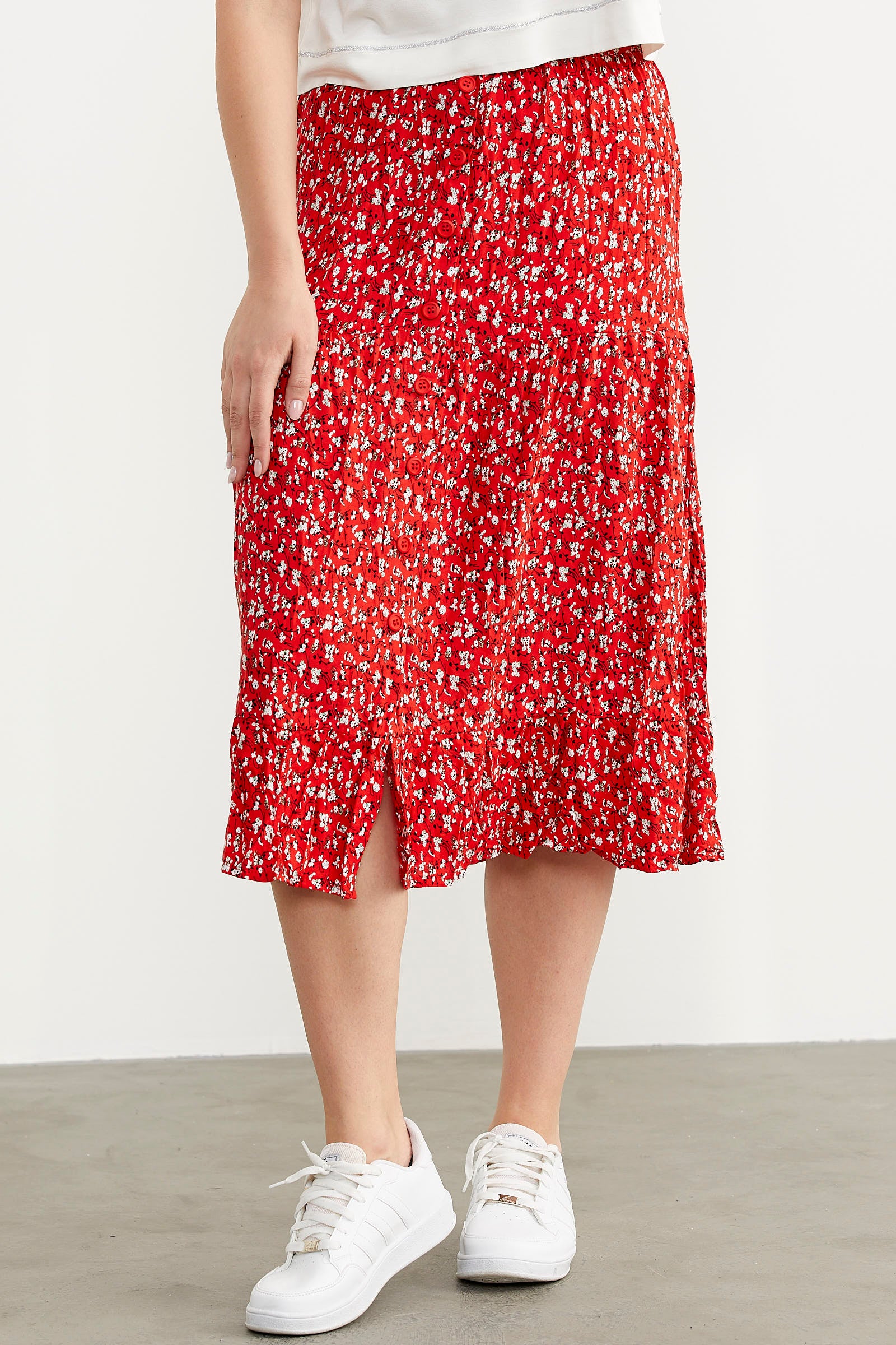 Lastikli Önden Düğmeli Desenli Etek - Kırmızı (4) Sementa