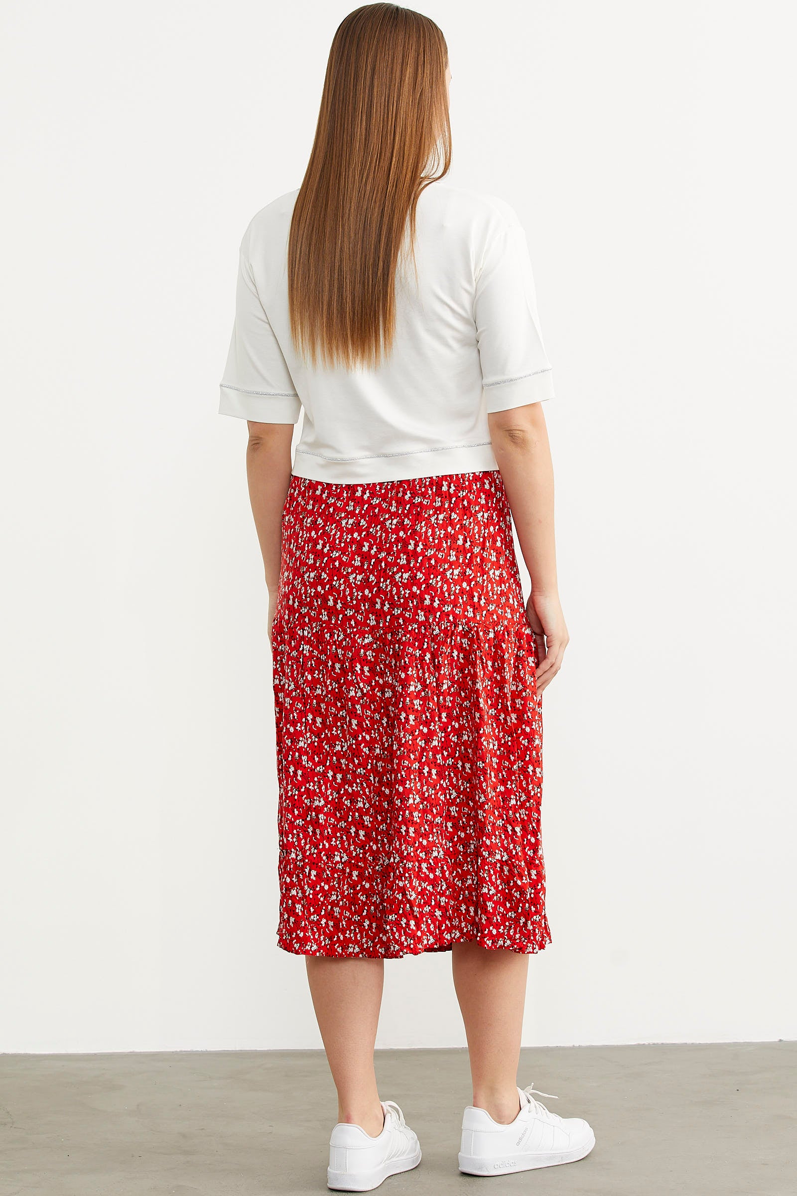 Lastikli Önden Düğmeli Desenli Etek - Kırmızı (5) Sementa