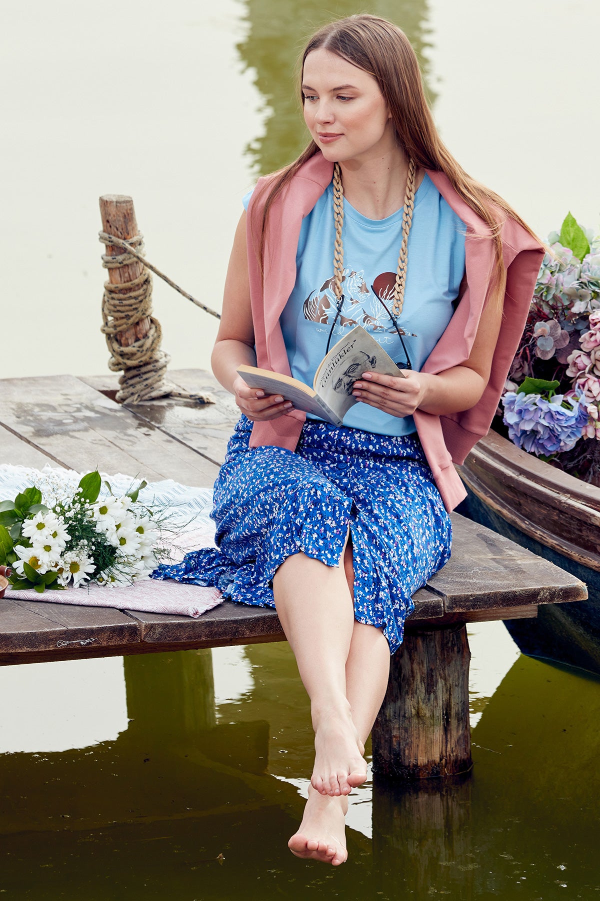 Lastikli Önden Düğmeli Desenli Etek - Lacivert (3) Sementa