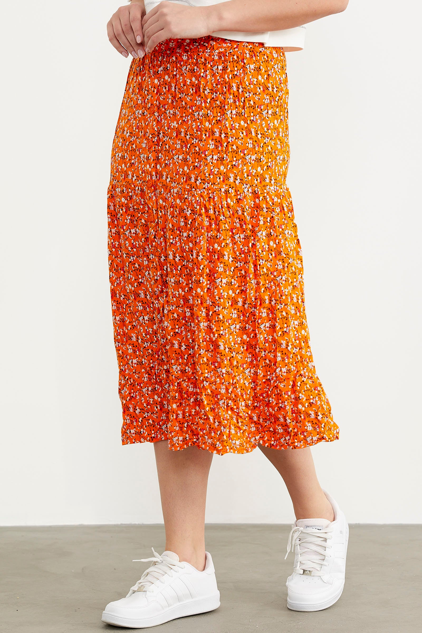 Lastikli Önden Düğmeli Desenli Etek - Turuncu (3) Sementa