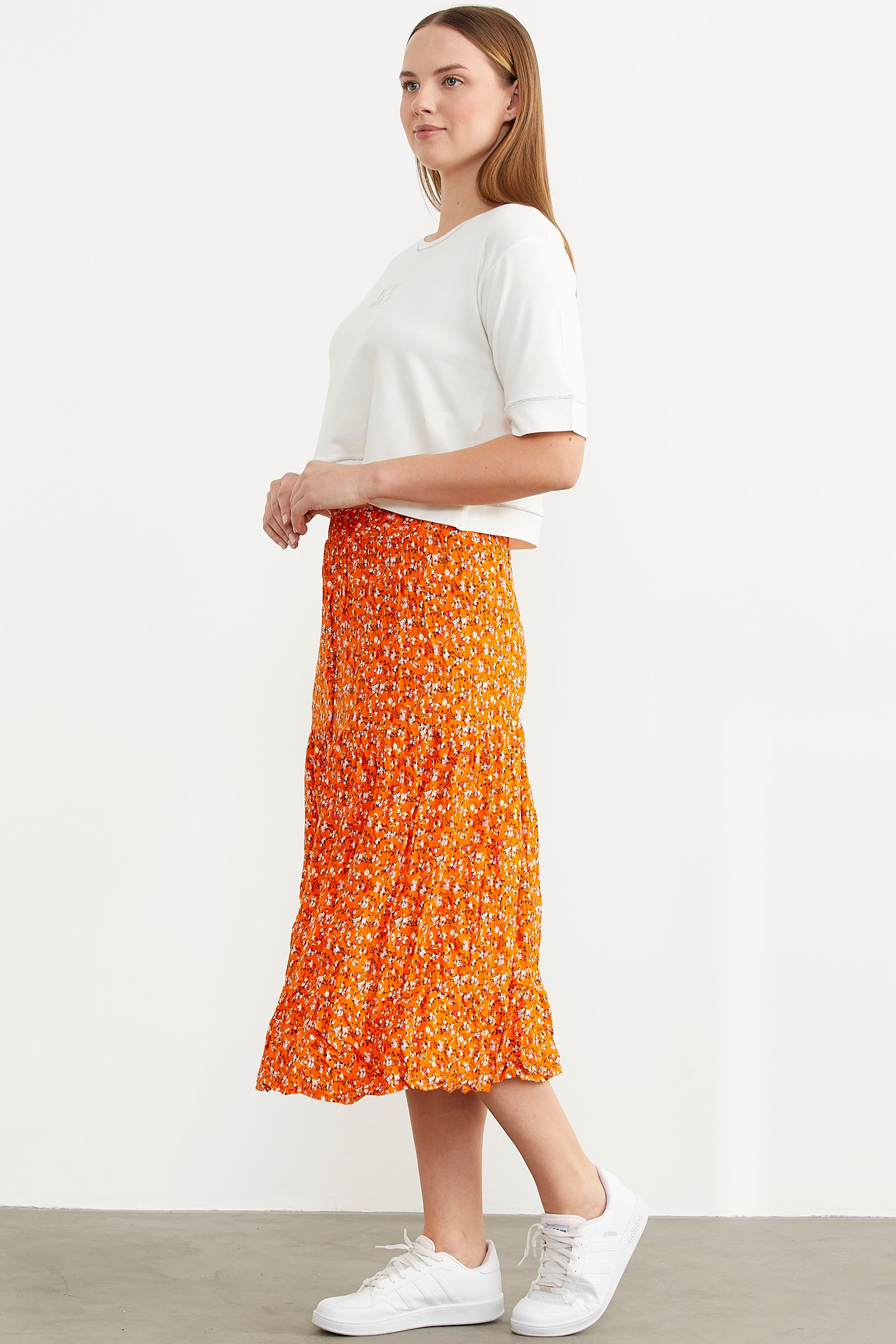 Lastikli Önden Düğmeli Desenli Etek - Turuncu (4) Sementa