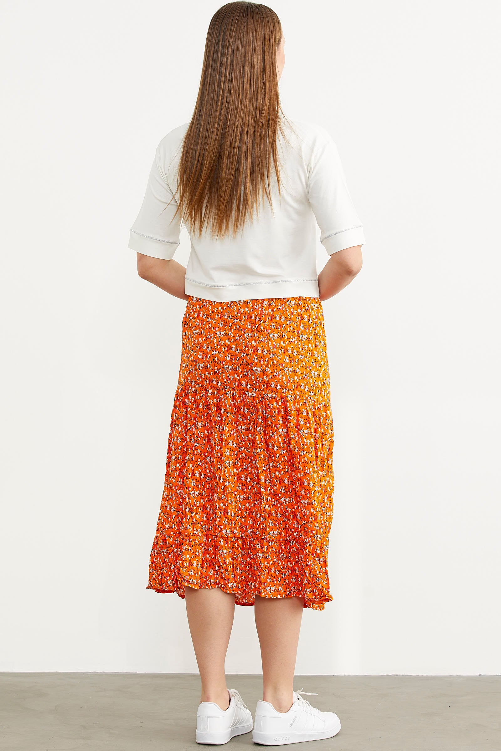 Lastikli Önden Düğmeli Desenli Etek - Turuncu (5) Sementa