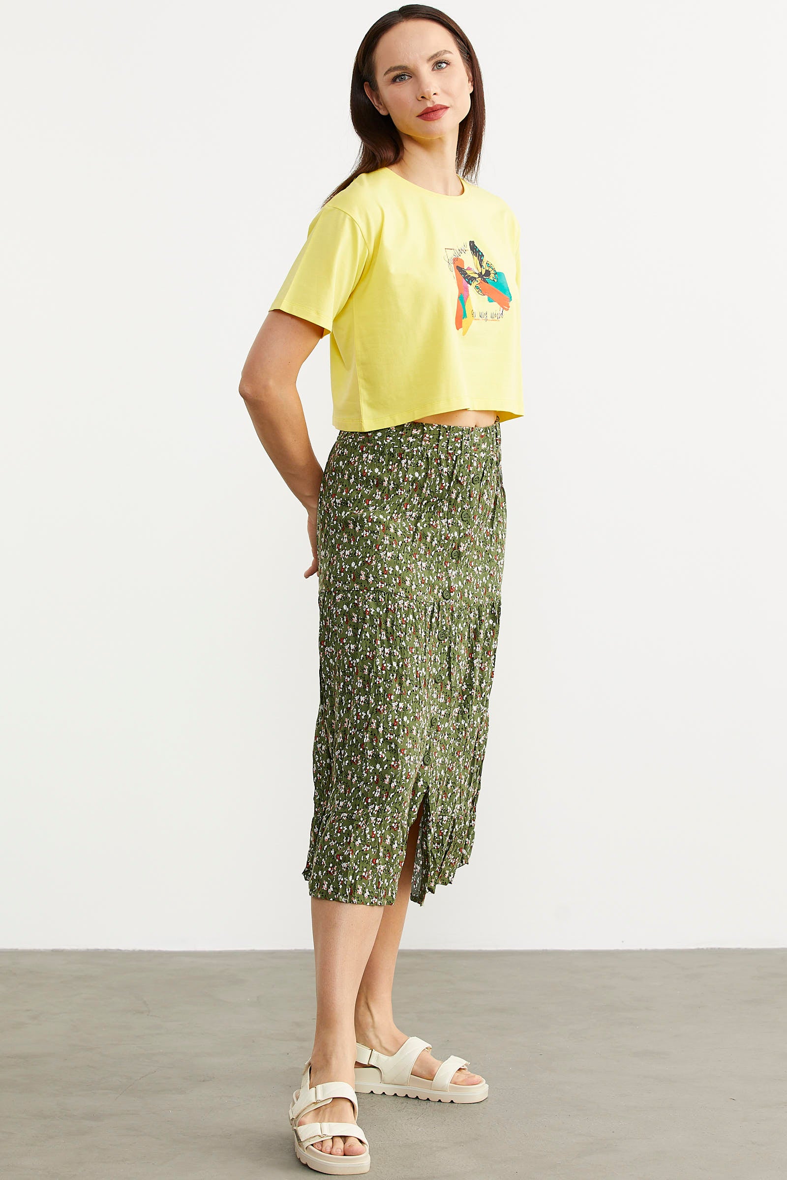 Lastikli Önden Düğmeli Desenli Etek - Yeşil (2) Sementa